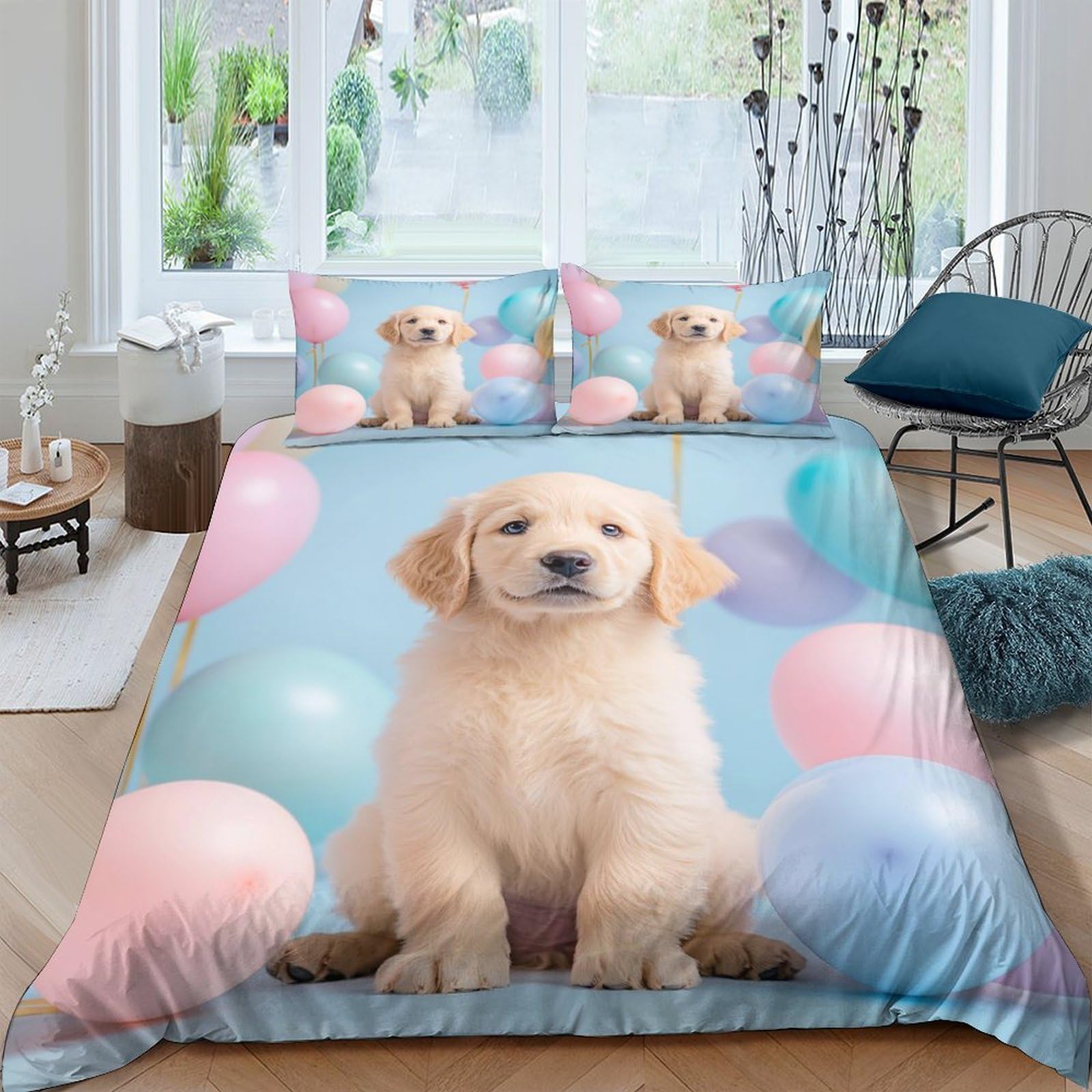Ctjqhvkz Style-9 3D Printed Golden Retriever Balloons Fitted Sheet Microfiber Soft Colourful Dog Bed Cover For Bedroom Guest Room Decor Single（135X200cm）