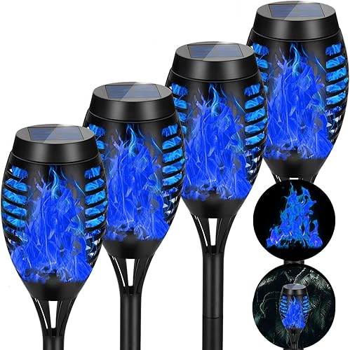 AOUNQ Paquete de 4 antorchas solares impermeables para exteriores, llama parpadeante azul, luces solares de jardín para patio, antorchas Tiki para