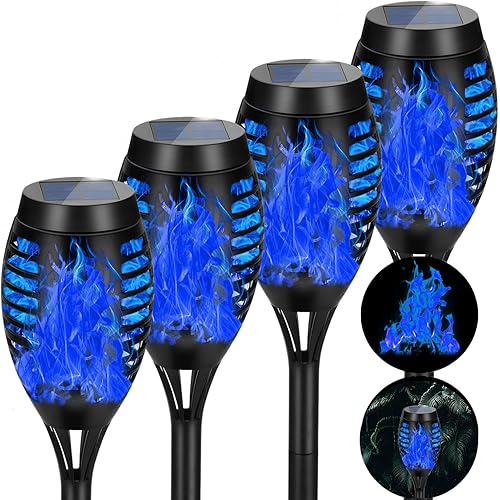 AOUNQ Solar Lights Outdoor Waterproof Blue, Upgraded 4 Pack Solar Torch Light with Flickering Flame, Mini Solar Outdoor Garden Lights Tiki Torches for Outside Patio Yard Pathway Decor
