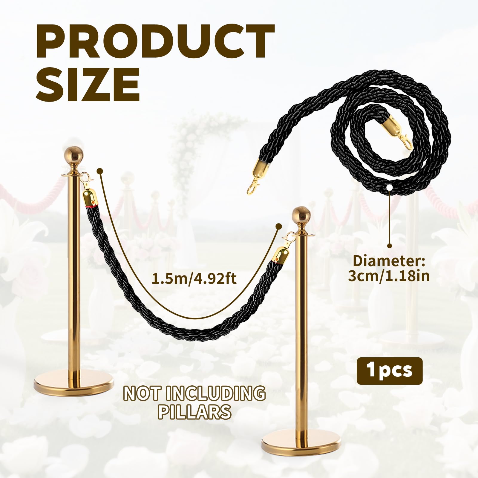 Corde de Barrière Torsadée 1,5m avec Crochet pour Système de Guidage Noir