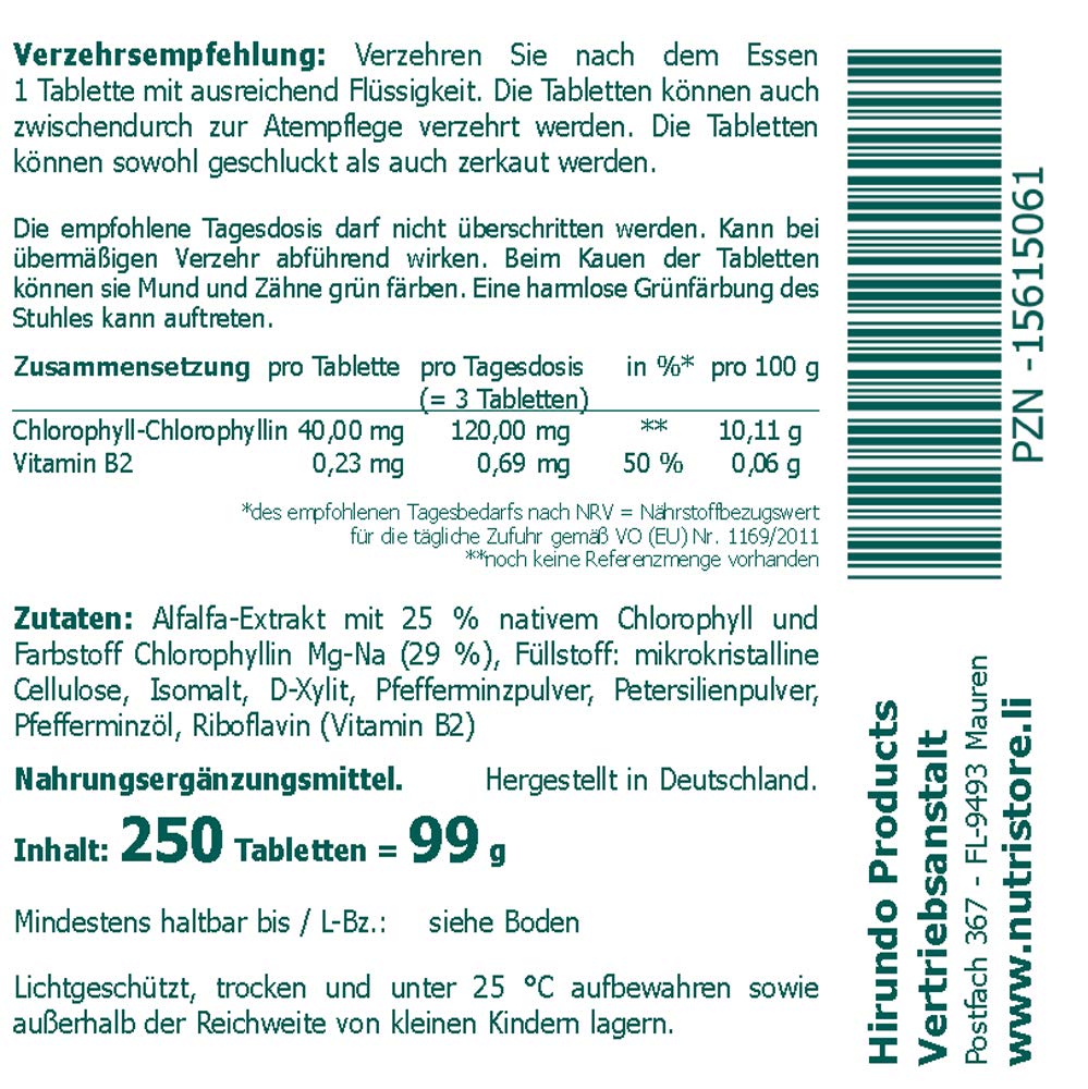 Chlorophyll Tabletten 250 Stk - 40mg Alfalfa Chlorophyll pro Tablette - Vegan mit Minzgeschmack - Pfefferminze Petersilie Vitamin B2 - Vorratspackung