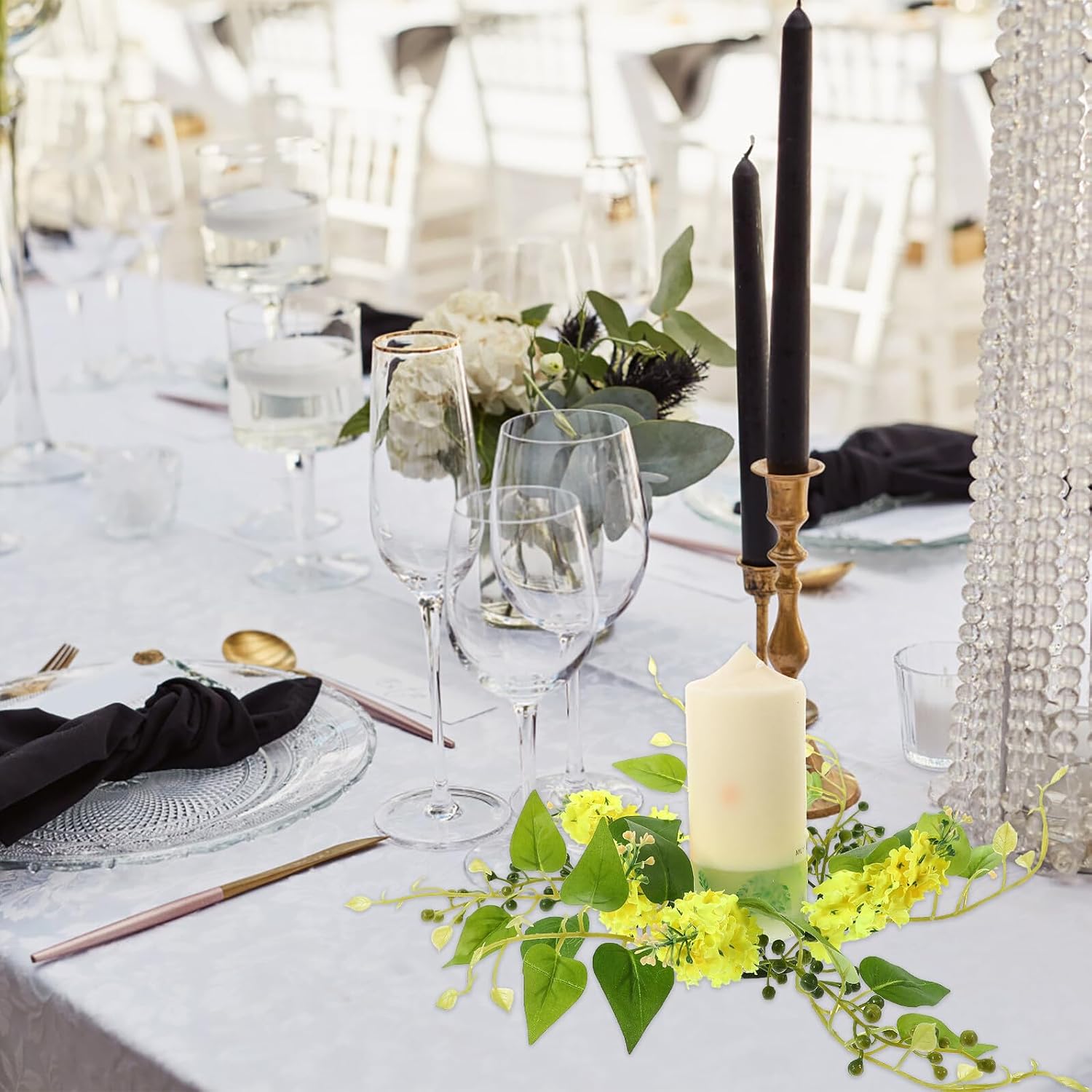Artificial Leaf Candle Ring Wreath with Yellow Hyacinth Flowers Rustic Pillar Candle Holder for Wedding Table Decoration Party Centerpiece Floral Arrangement