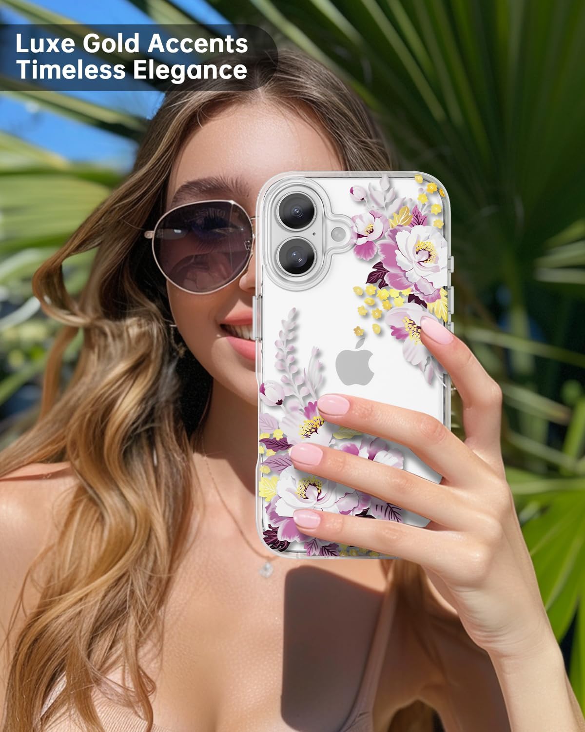 SCORPIFY for iPhone 16 Case with Purple Peony Floral Design, Cute Clear Flower Phone Cover for Women Girls, [Non Yellowing] Slim Shockproof Bumper with Gold Accents