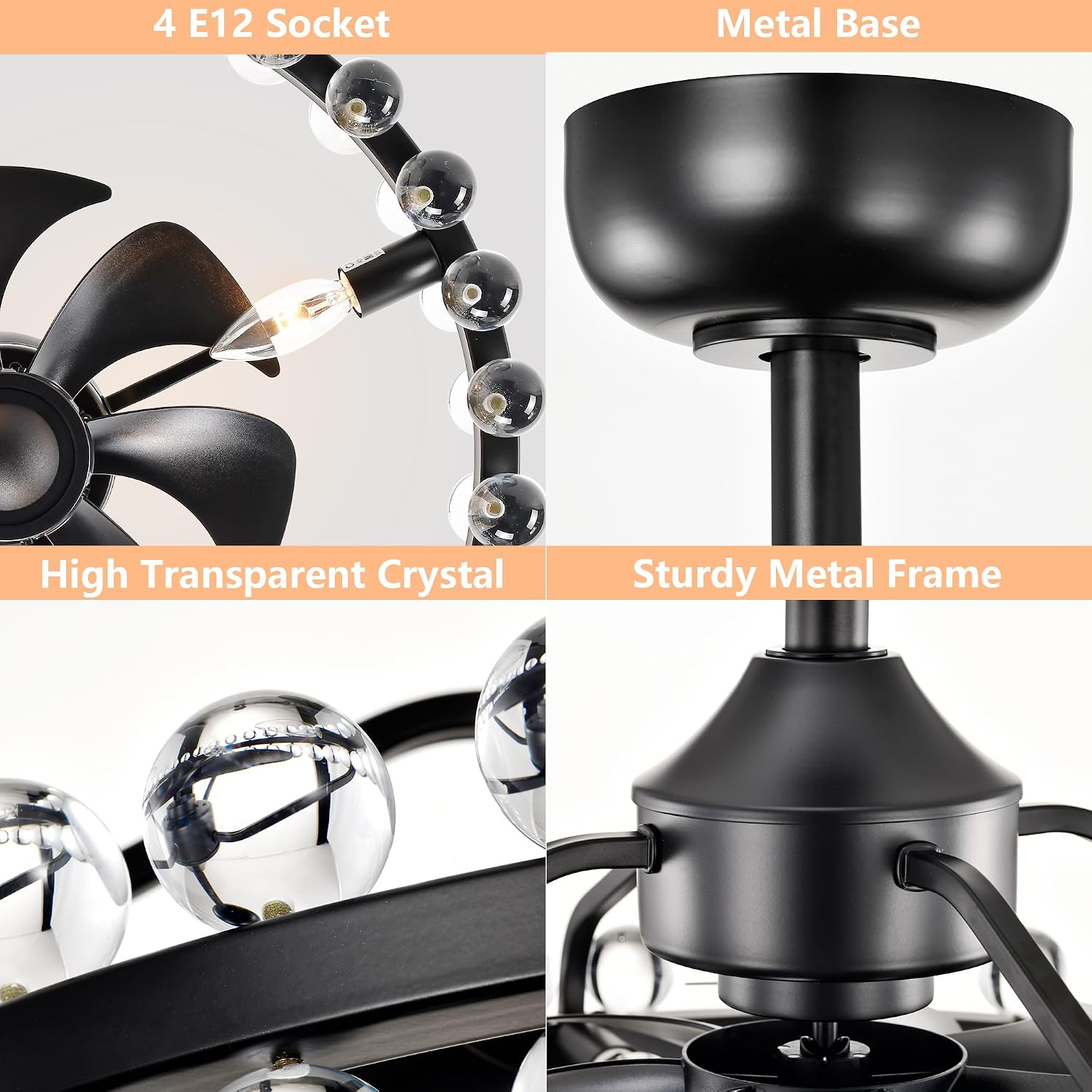 Maxax 21" Crystal Ceiling Fans with Lights and Remote,Modern Caged Ceiling Fan with Light,Black Flush Mount Ceiling Fan with Reversible 7 Blades 6 Speeds for Bedroom Dining Room Kitchen