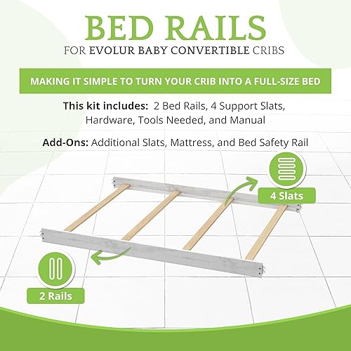 Vista 49 de Kit de conversión de tamaño completo, rieles de cama para cunas Evolur, kit convertible de cuna de madera maciza para cama de niños, rieles de Blanco