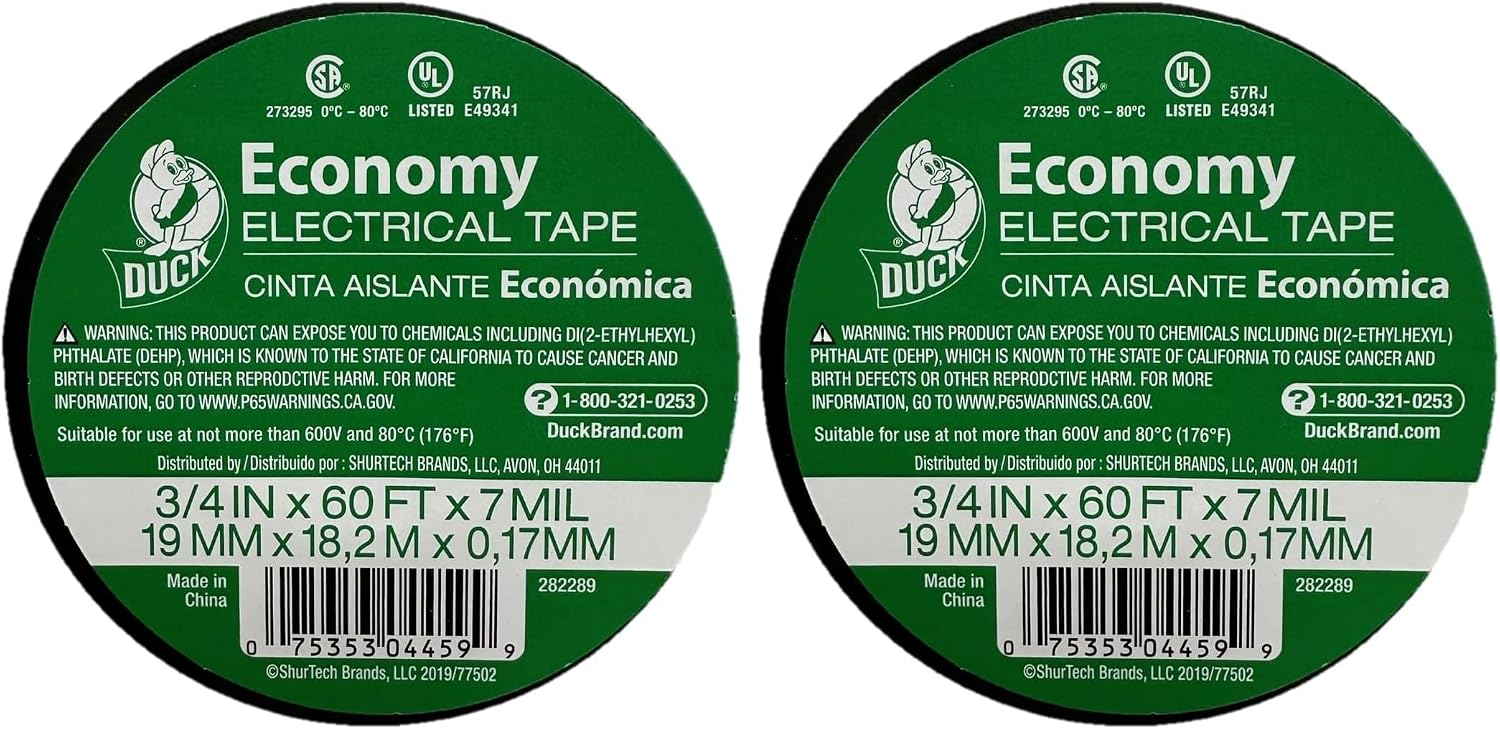 Duck Brand Economy Electrical Tape, 3/4-Inch by 60 Feet, Single Roll, Black (282289)