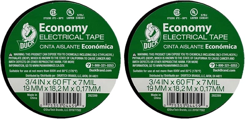 Duck Brand 282289 Economy Electrical Tape, 3/4-Inch by 60 Feet, Single Roll, Black (Pack of 2)