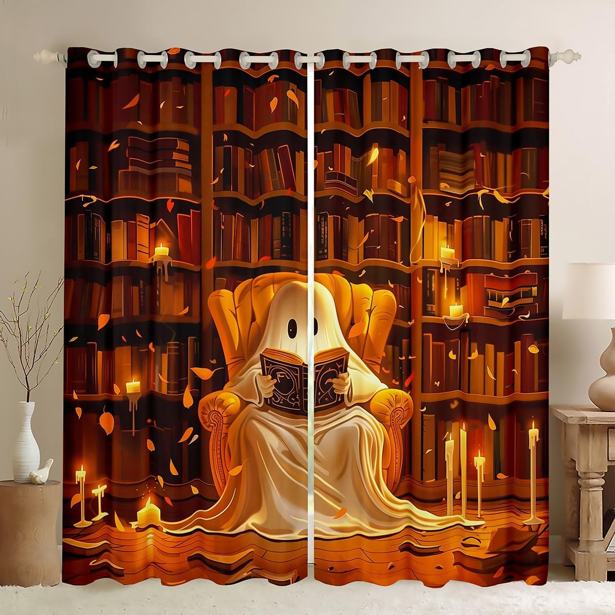 Cartoon Ghost Kids Blackout Curtains,Magical Book Bookshelf Happy Halloween Trippy Window Drapes for Girls Boys,Gothic Western Holiday Retro Window Treatments Grommet Top 2 Panel Set,38Wx45L inch