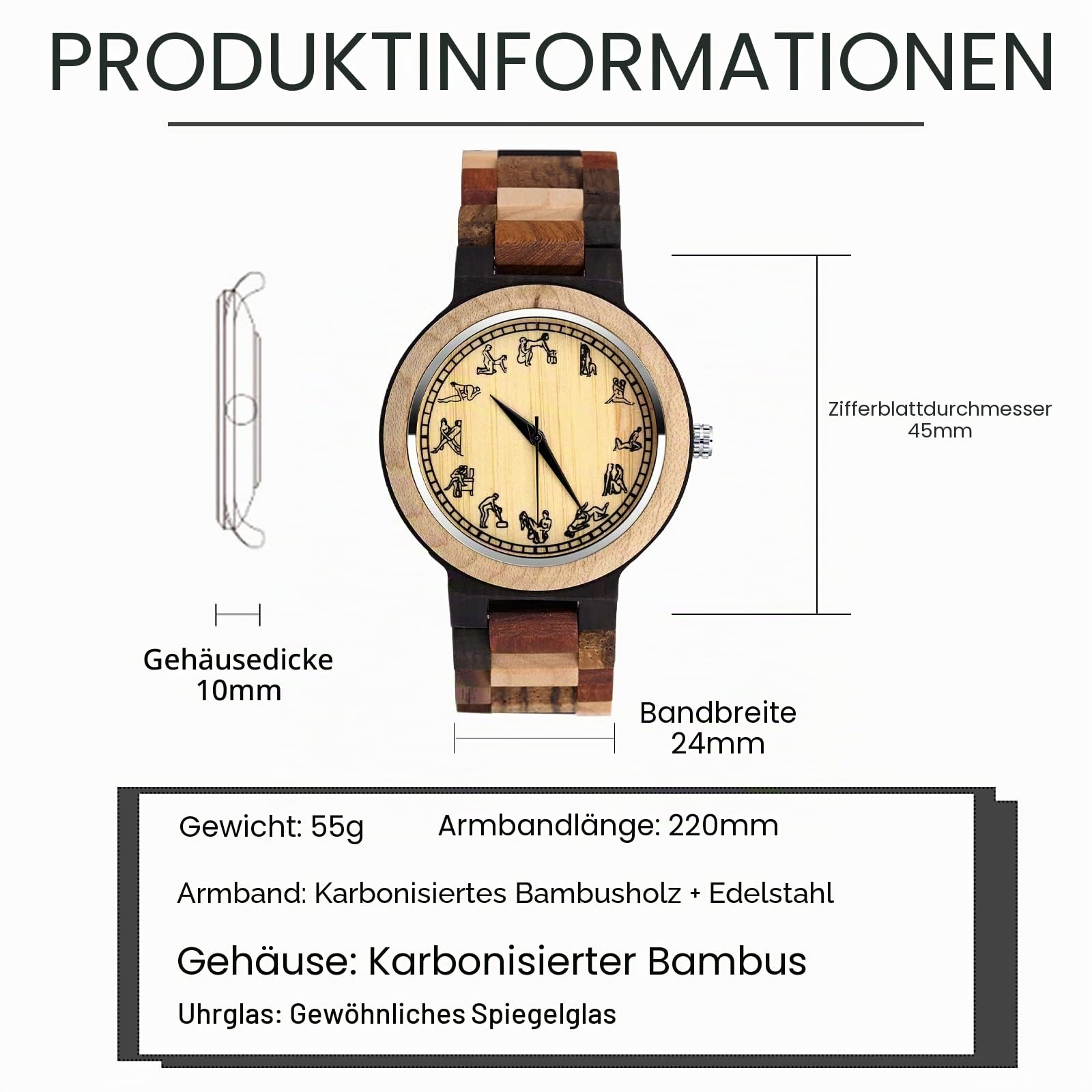 SUPBRO Holzuhren Herren Holz-Armbanduhr Klassik Holzuhr für Herren analoge Uhr Verstellbares Armband Hölzerne Armband für Männer