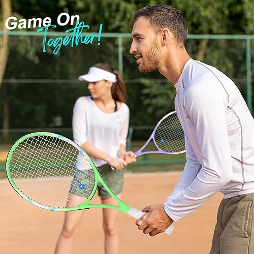 Miniatura 7 de Juego de raquetas de tenis de 27 pulgadas, raquetas de tenis preencordadas para 2 jugadores para adultos, 2 cintas de sobreagarre, 3 pelotas, 2