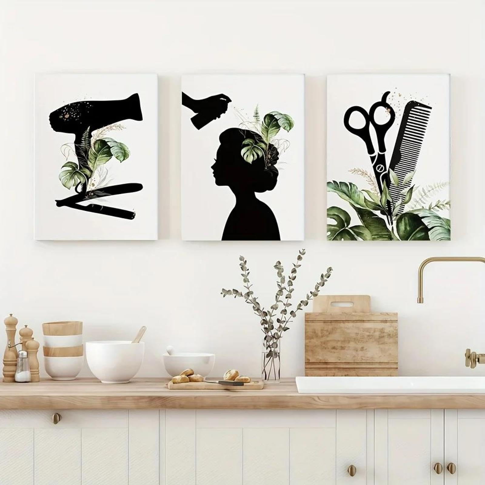 Baibexing Minimalist Black & White Hairdressing Salon Decor With Scissors, Combs Canvas Painting Poster Prints Wall Art Picture 50X70Cmx3Pcs Unframed