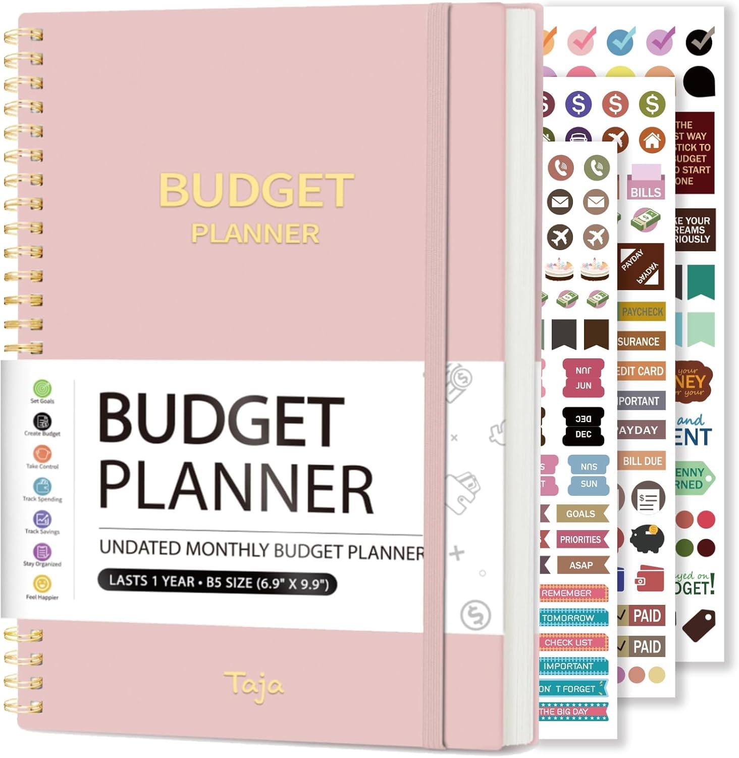 Undated Budget Planner with Tag Stickers, A5 Monthly Budget Planner Budget Book with Expense & Saving Tracker for Money Management and Saving(Pink)