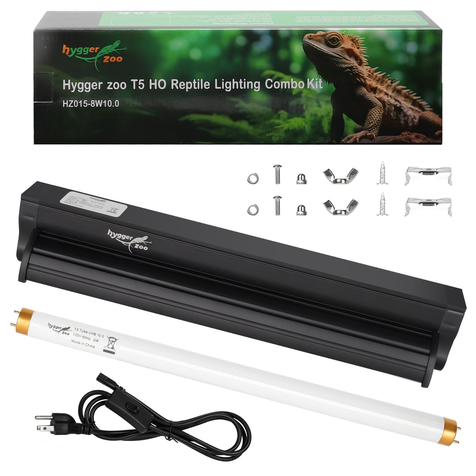 T5 UVB Reptile Light Fixture HO UVB Bulb Lighting Combo Kit, 10.0 UVB Light for Reptiles Terrarium Hood with 8W Reptile Light Bar UVA UVB Desert Lamp for Bearded Dragon Turtle Tank, 12 Inch