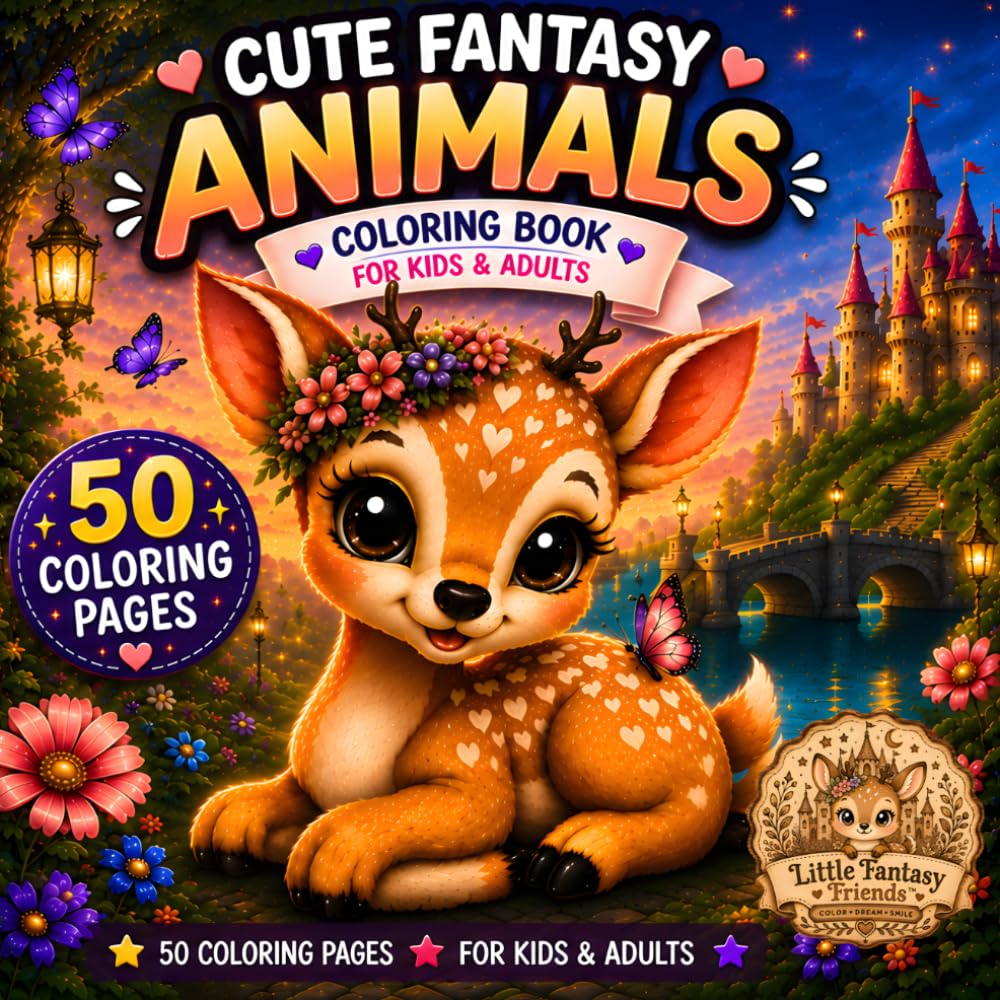 Cute Fantasy Animals Coloring Book | 50 Pages for Kids & Adults (Fantasy Friends)