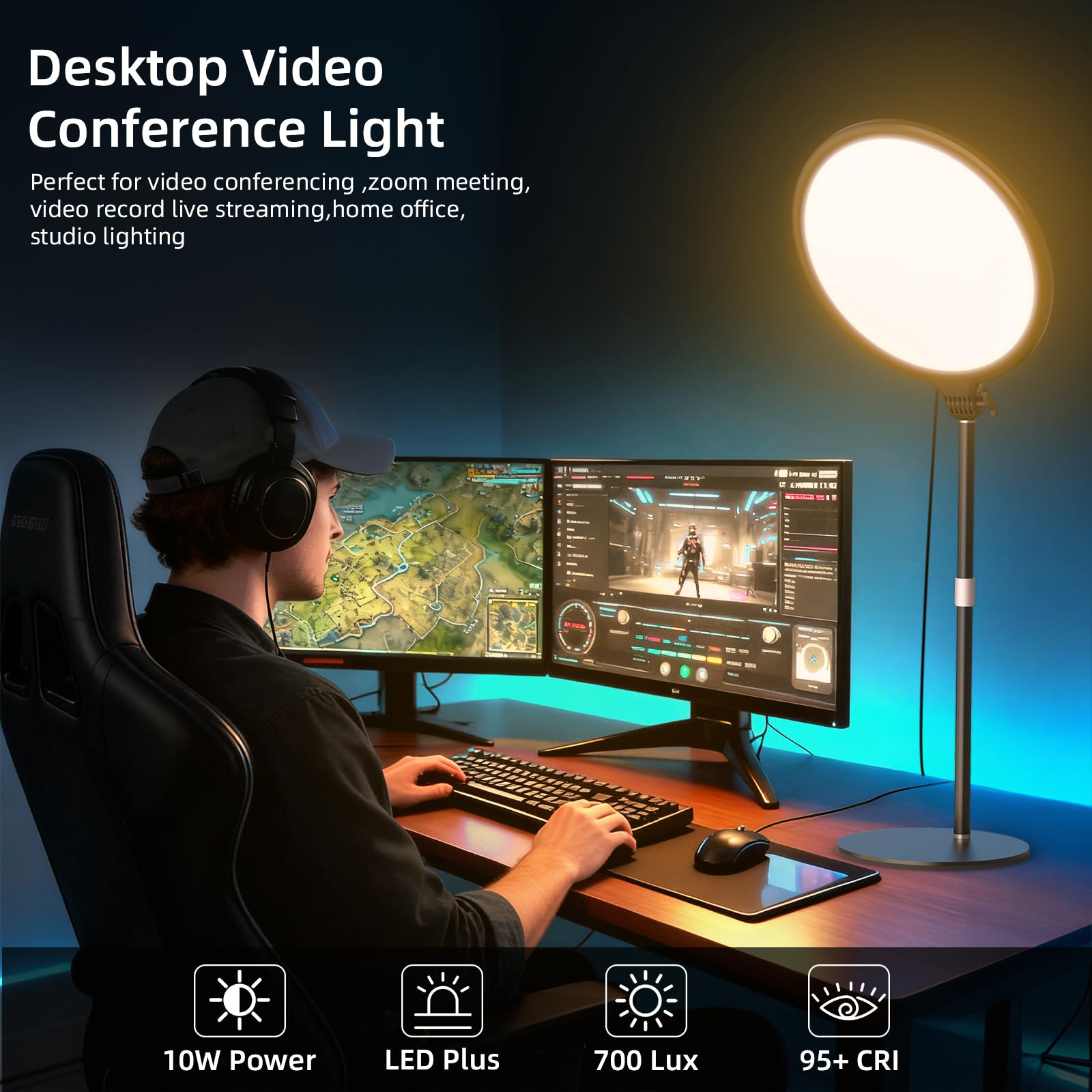 LUXCEO Key Light, światło wideo LED ze statywem stołowym, 10 W, 3000-6000 K, możliwość ściemniania, pełnoekranowa lampa pierścieniowa, do strumieniowania wideo TikTok YouTube i konferencji, kamera