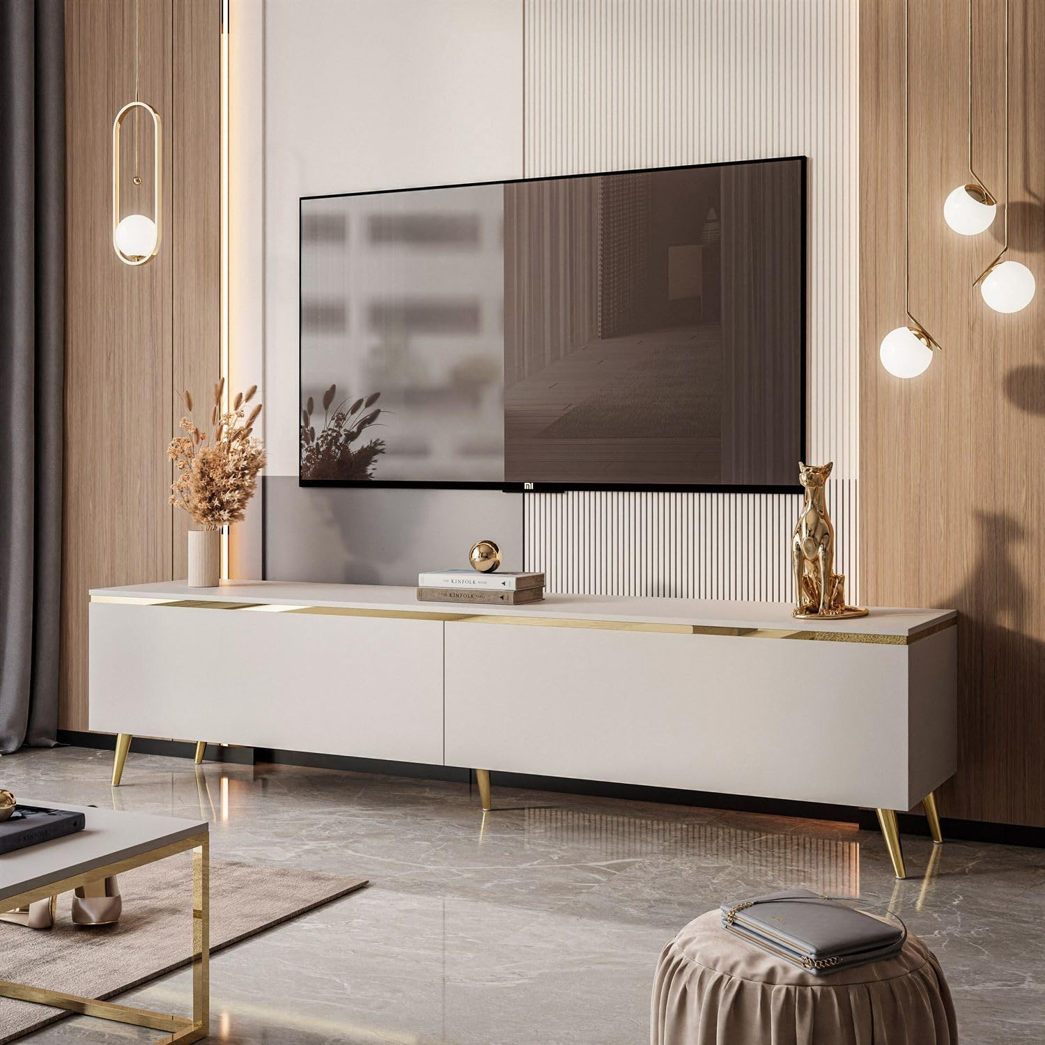 Lookway TV-Schrank Aurora Kaschmir Matt 180 cm Hängeschrank Oder Auf Füßen Gold Dekorative Leiste Mit LED-Option Modernes Wohnzimmermöbel (ohne LED Beleuchtung, Stehend- schräge Gold Chrom Beine)
