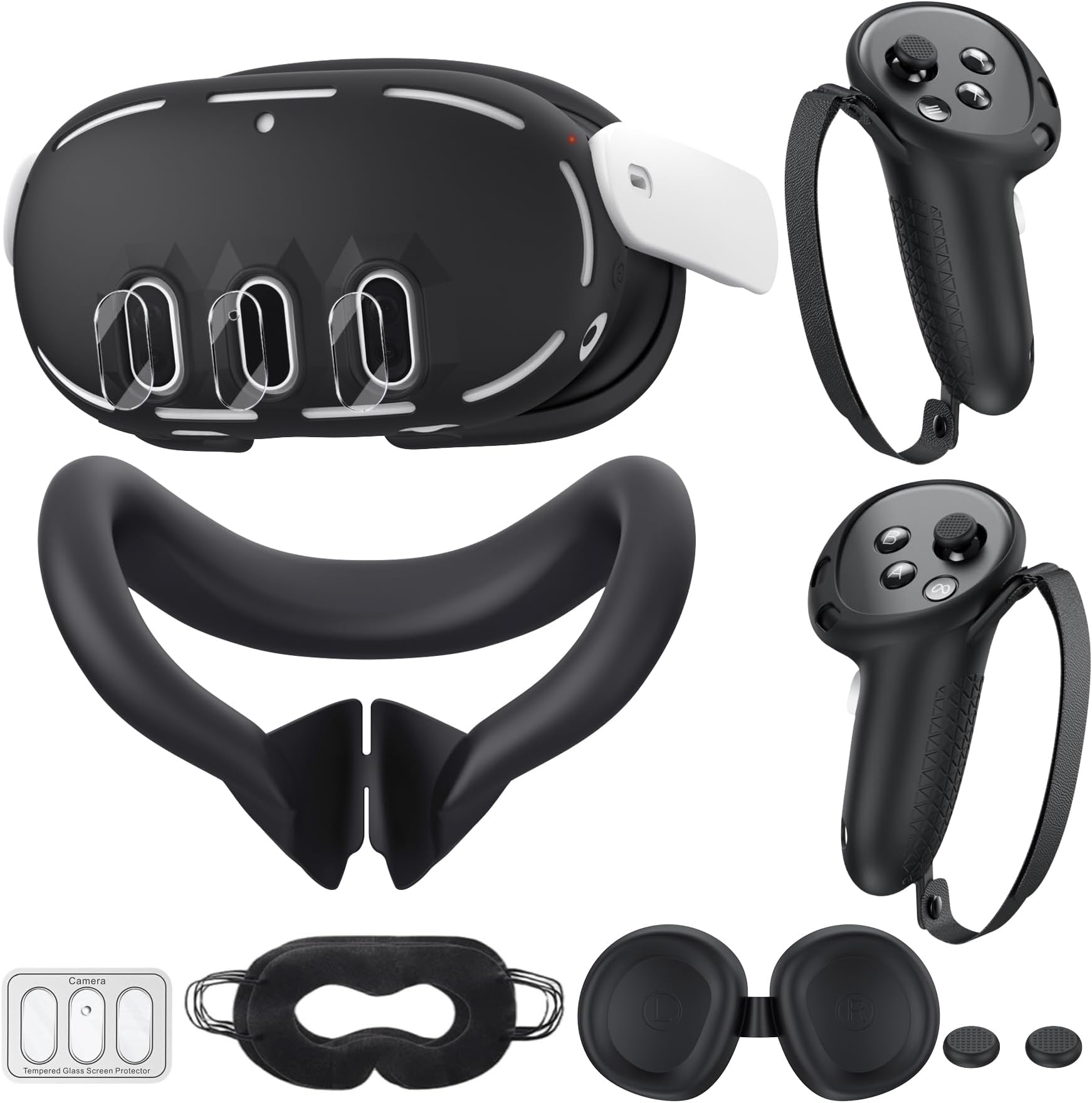 Compatible with Oculus Quest 3 Accessories, VR Silicone Face Cover, VR Shell Cover,Touch Controller Grip Cover,Camera Lens Protector Set (Black)