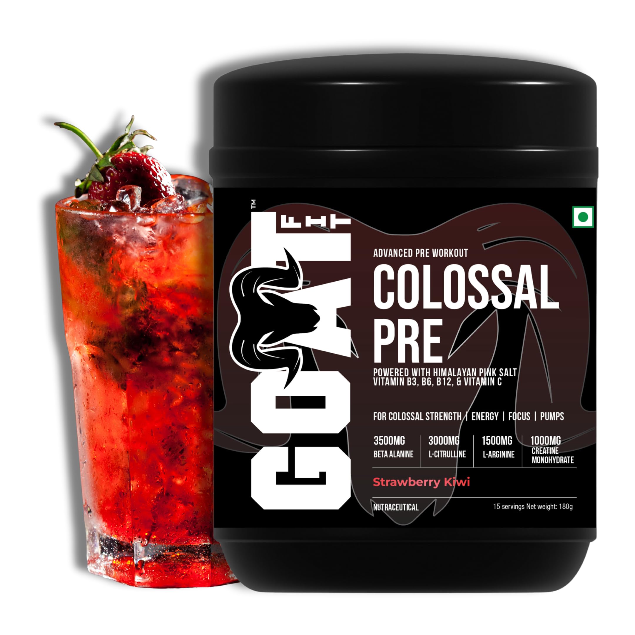 Colossal Pre | PreWorkout Powder (Strawberry Kiwi 180gm 15 Servings) 200mg Caffeine 3.5g Beta-Alanine 3g Citrulline 1.5g Arginine 1g Creatine with Himalayan Pink Salt