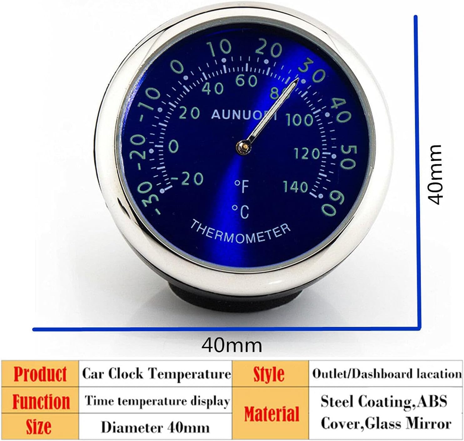 Riloer Car Monitor Clip/Stick-on Clock Thermometer Quartz Digital Luminous Automotive Thermometer + Clock Set, 2-Pack, Blue