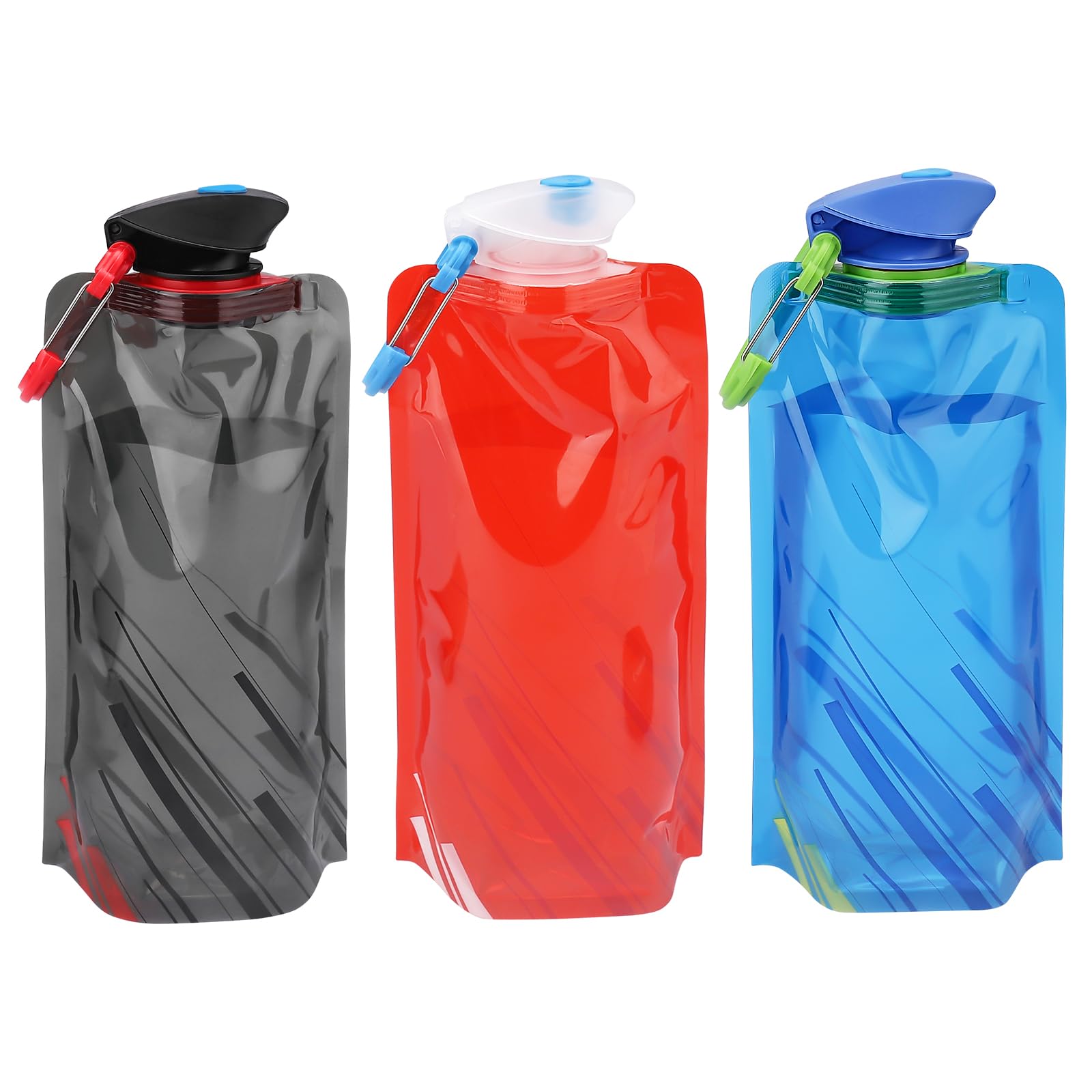LEMONSTONE Zestaw 3 składanych butelek na wodę o pojemności 700 ml, wielokrotnego użytku, bez BPA, z klipsem, do wędrówek, przygód, podróży, kolor czarny, niebieski, czerwony