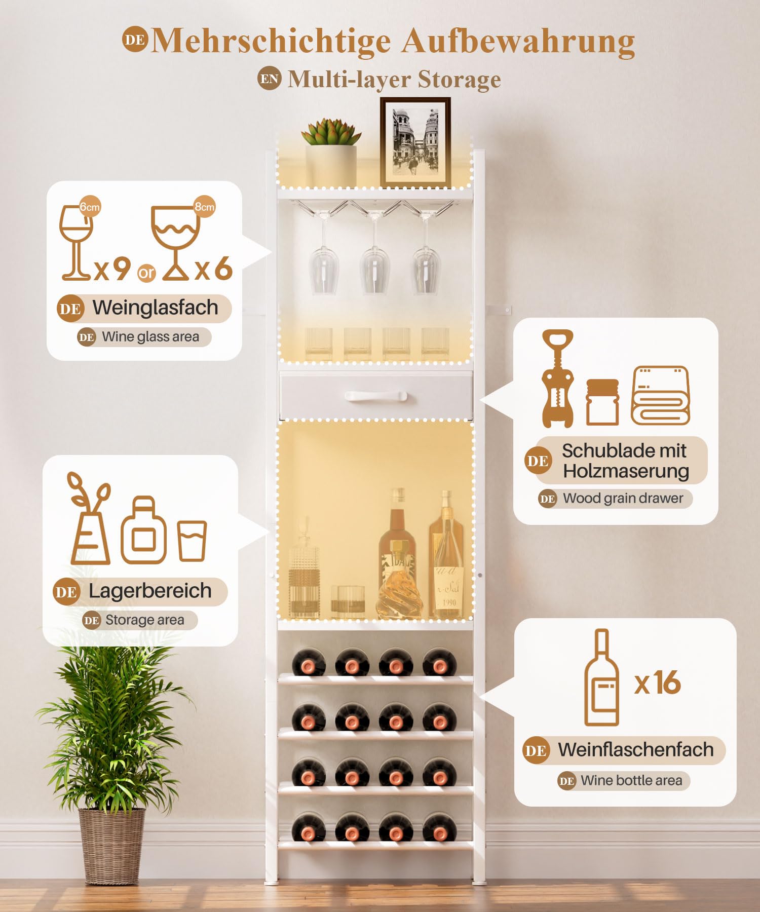 Wijnrek aan de muur met glazenhouder, wijnrekken metaal wijnflessenhouder wijnhouder (brons