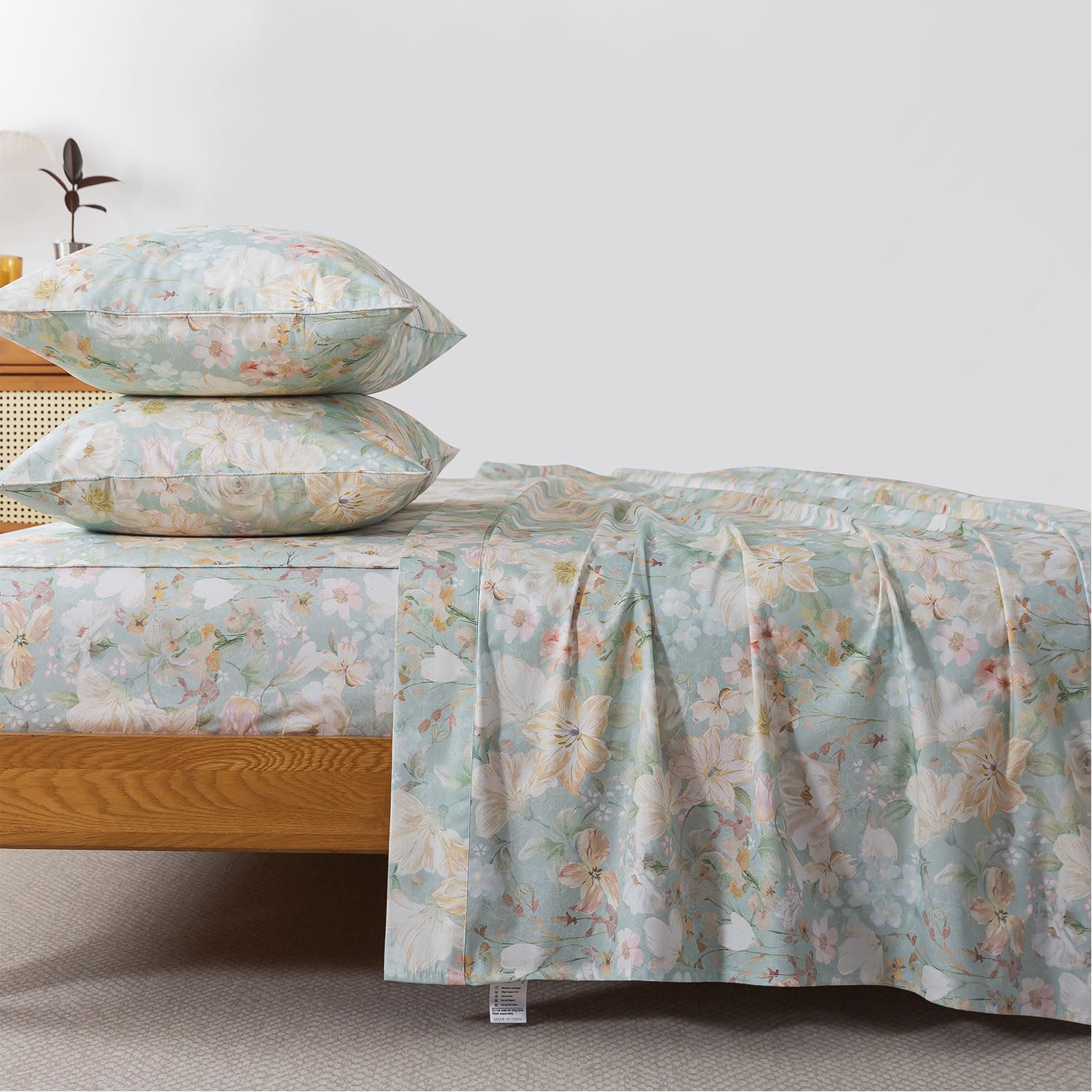 FADFAY King Sheets Set Percale Cotton Floral Bed Sheets Deep Pocket Fitted Sheet, Countryside Style Rich Floral Printed Shabby Bedding for All Season, Super Soft Crisp & Cool,4pcs