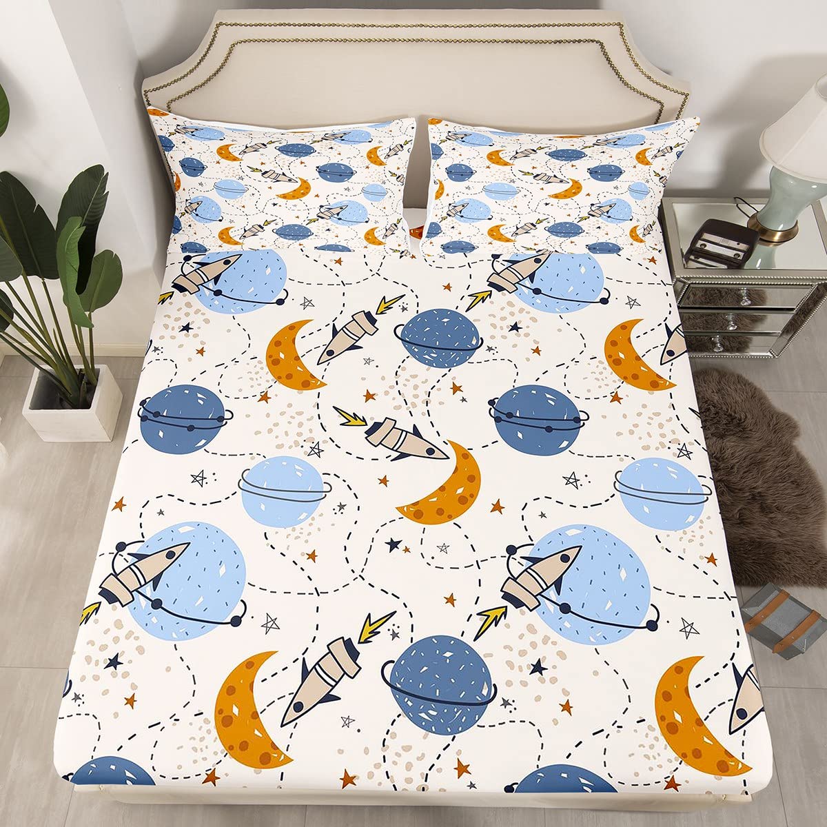 Loussiesd Juego de sábanas para niños y niñas, diseño de cohete de dibujos animados, galaxia, juego de cama para niños y niñas, bonito juego de cama de plantas de aventura en el espacio exterior
