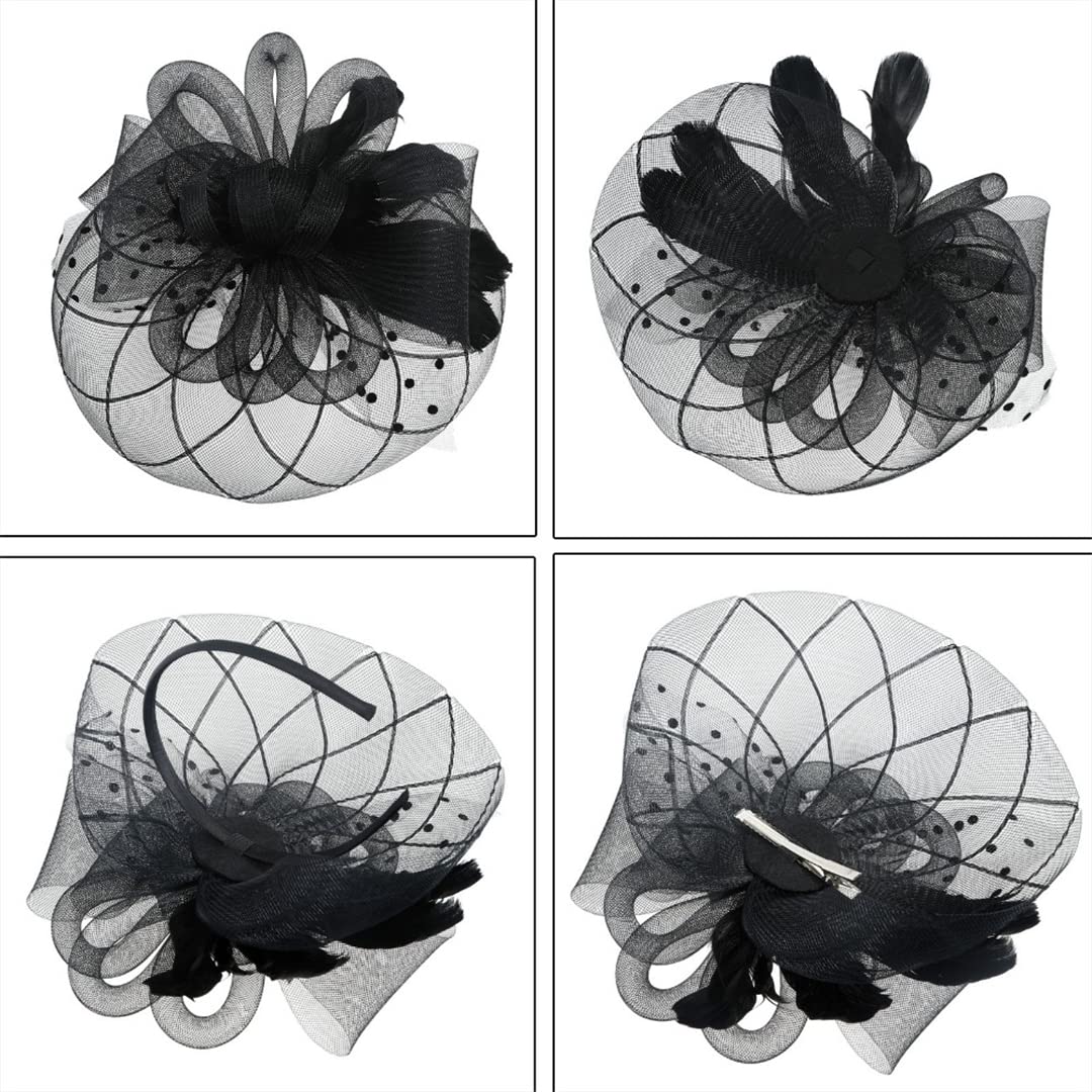 Cappello da donna con fiori, nastri in rete e piume, fascia for capelli o fermaglio for cocktail e tè.,Fermagli per capelli con fiori e piume(9063)