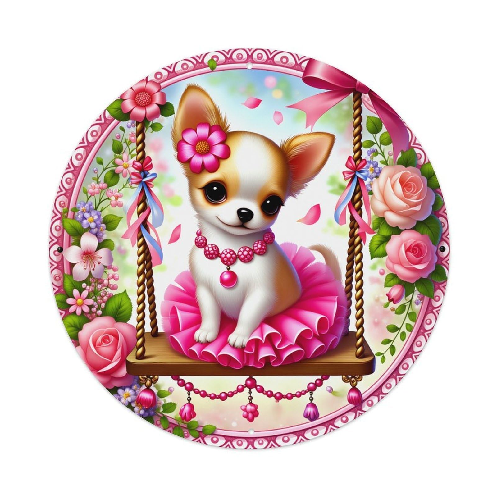 Cute Dog Swing Flowers Pink Round Tin Sign Vintage Metal Poster, Home Bar Garage Man Cave Cafe Indoor & Outdoor Wall Decoration 8x8Inches