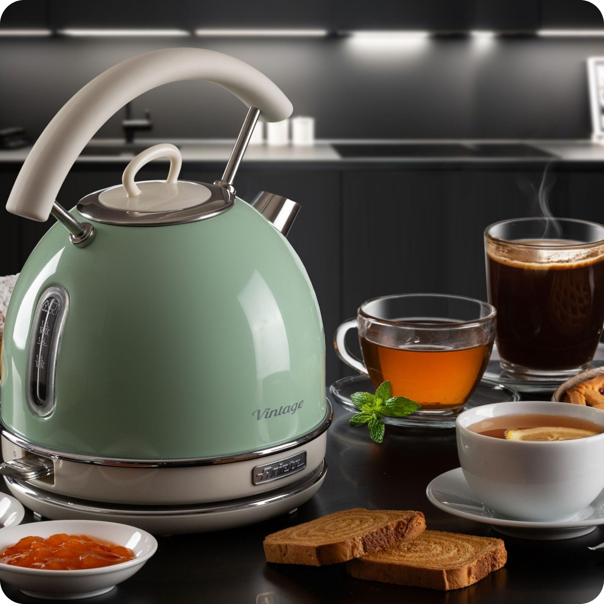 Ariete Vintage Wasserkocher 2877, Retro Elektrischer Wasserkocher mit Sichtbarem Wasserstand, Kabelloser 360°-Sockel, Auto-Abschaltung, Ergonomischer Griff, 1,7 L, Edelstahl, 2000W, Grün