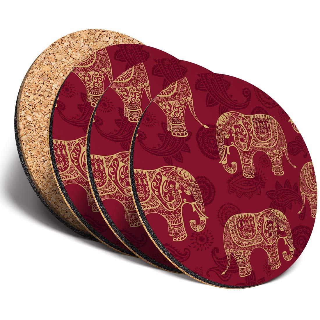 Destination Vinyl Ltd Multicolor Great Coasters (Set Of 4) Round - Gold Indian Elephants Wild Animal Drink Glossy Coasters/Tabletop Protection For Any Table Type #8856