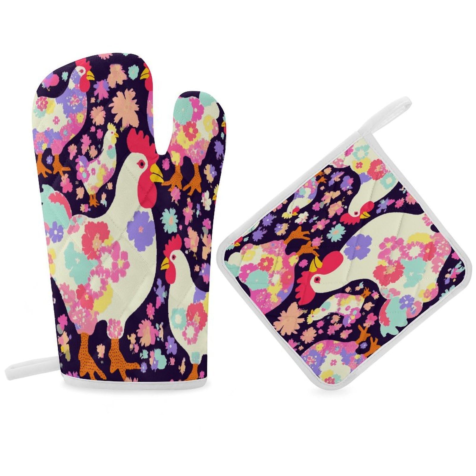 Fodpand Women's Style Flower Heart Chicken Oven Mitts And Pot Holders Sets,Oven Gloves For Kitchen Oven Mitts And Potholders For Baking Cooking Grilling Apartment Essentials