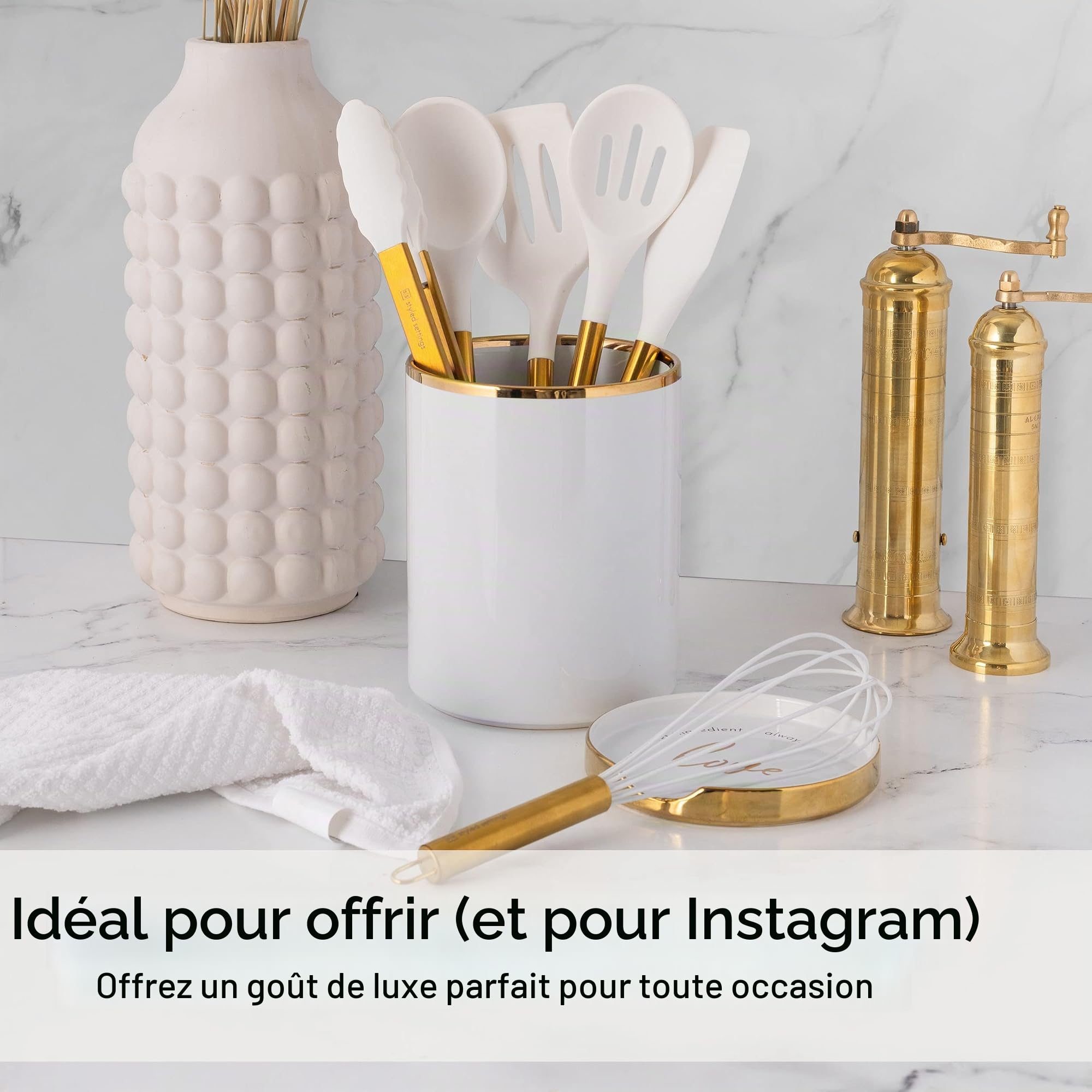 Lot de 6 ustensiles de cuisine dorés en silicone blanc et doré avec spatule, fouet, pince, cuillères, ustensiles de cuisine antiadhésifs - Accessoires de cuisine de luxe pour chefs à domicile