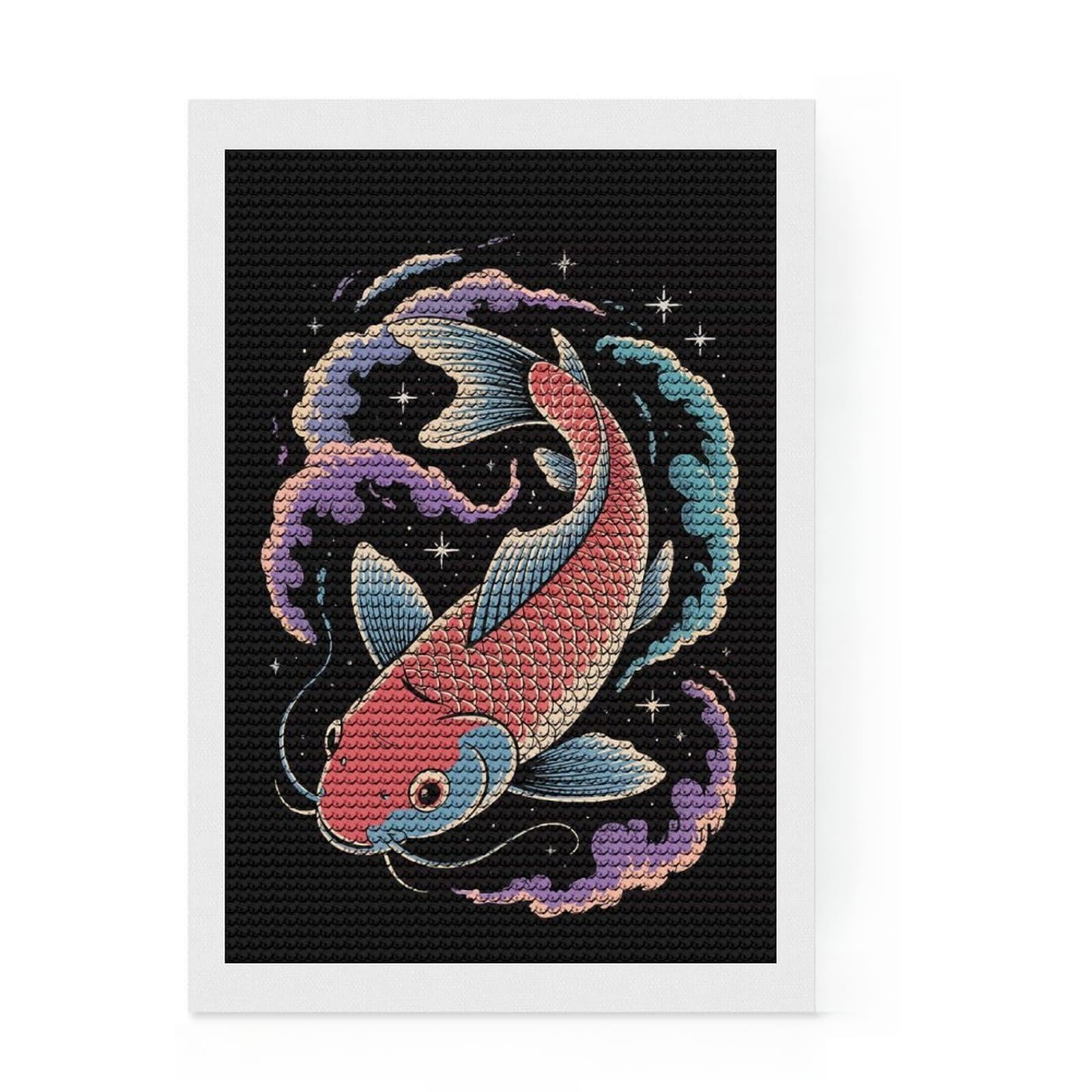 Junmoney Koi Fish in Cosmic Waters Diamond Art Canvas 8"x12", Stress Relief Craft, Neat Printed Canvas, Modern Decor, for Family Craft Time