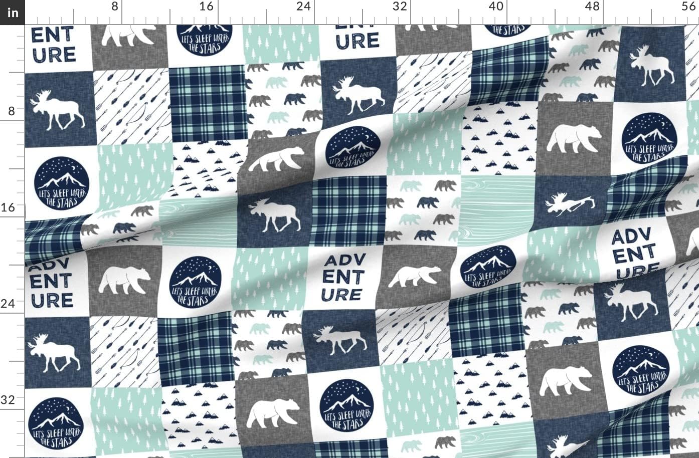 Spoonflower Fabric - Happy Camper Wholecloth Quilt Top Camping Adventure Blue Navy Moose Printed on Organic Cotton Sateen Fabric by The Yard - Sewing Quilting Apparel Home Decor