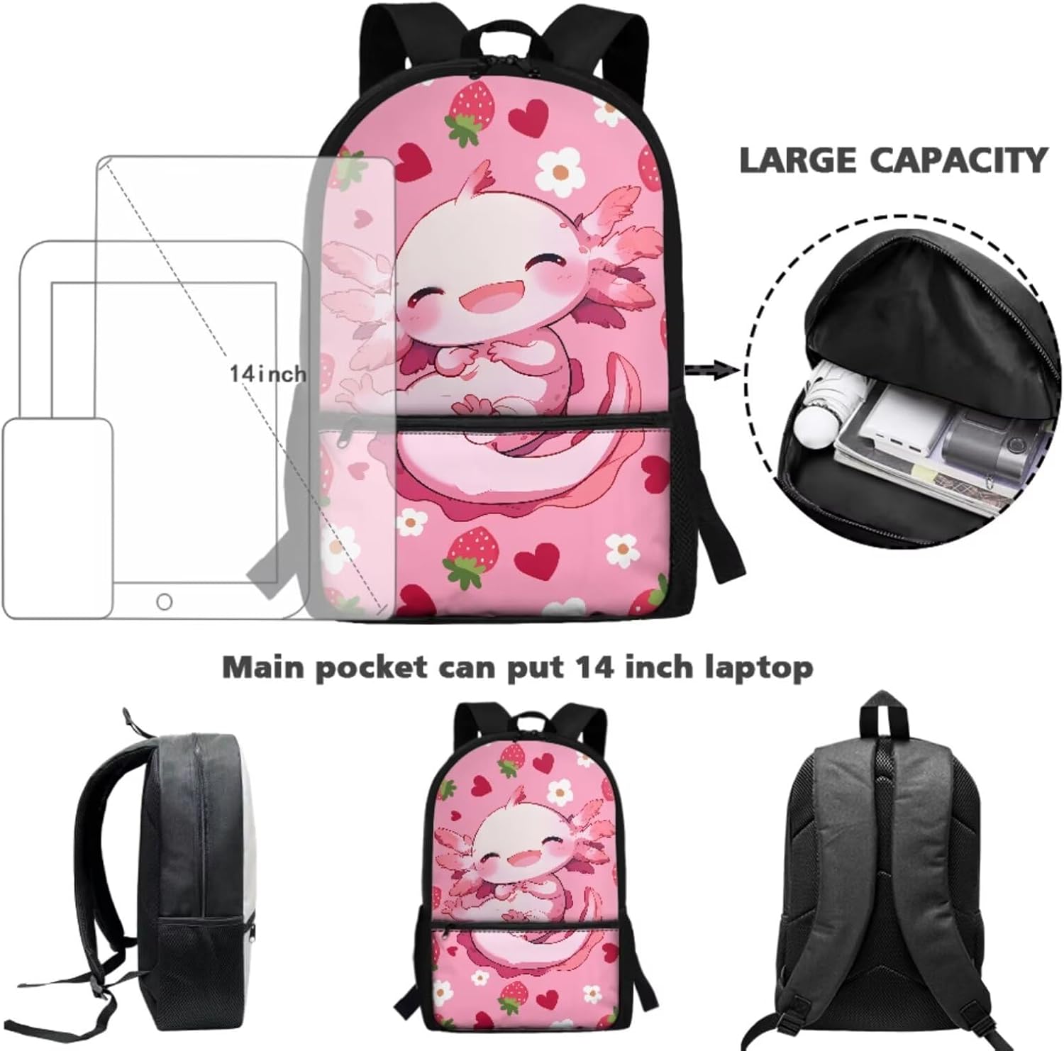 Showudesigns Cute Axolotl Girls Backpack with Lunch Box Set Elementary/Middle School Bag Pink Strawberry Bookbag Lunch Bag Pencil Case Bottle Holder 4Pcs Kindergarten Schoolbag Lightweight Daypack