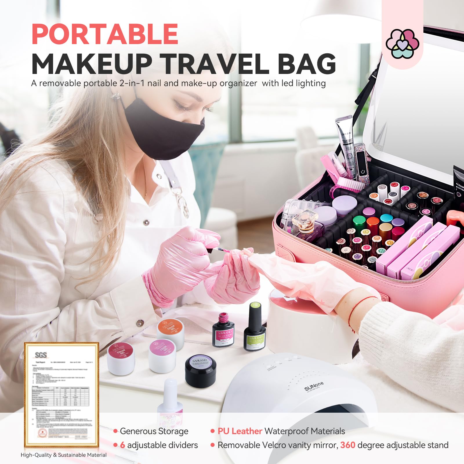 SAVILAND Reise-Makeup Tasche PU-Leder Kosmetiktasche mit Wiederaufladbarer beleuchtetem Spiegel, Kosmetiktasche Einstellbarer Helligkeit in 3 Farbszenarien Make up Tasche mit verstellbaren Trennwänden