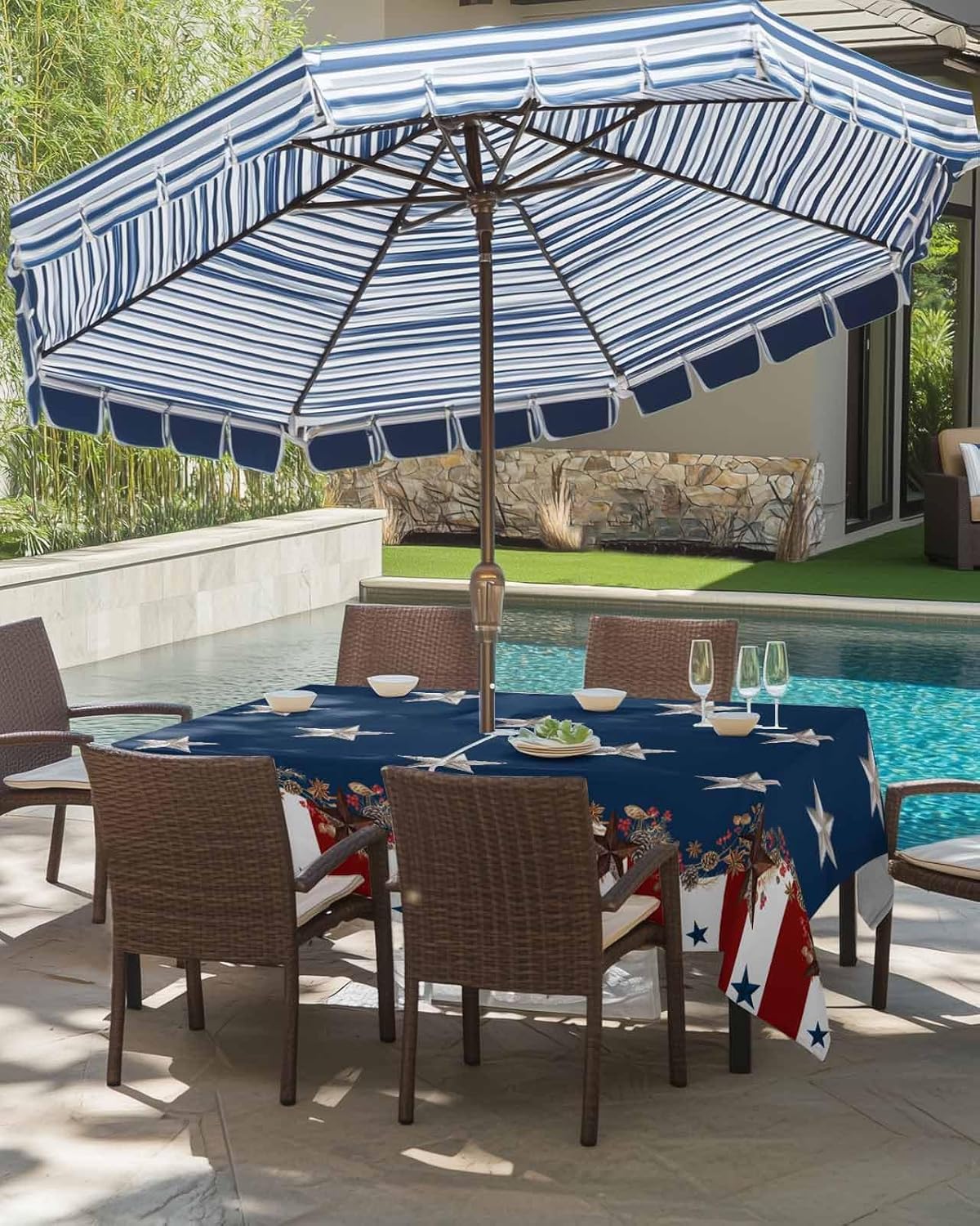 4th of July Tablecloth with Umbrella Hole and Zipper Patriotic Stars Stripes Outdoor Tablecloths 60x84 Outside Table Cloths Rustic Red Blue Patio Table Cloth Cover for Independence Day Garden