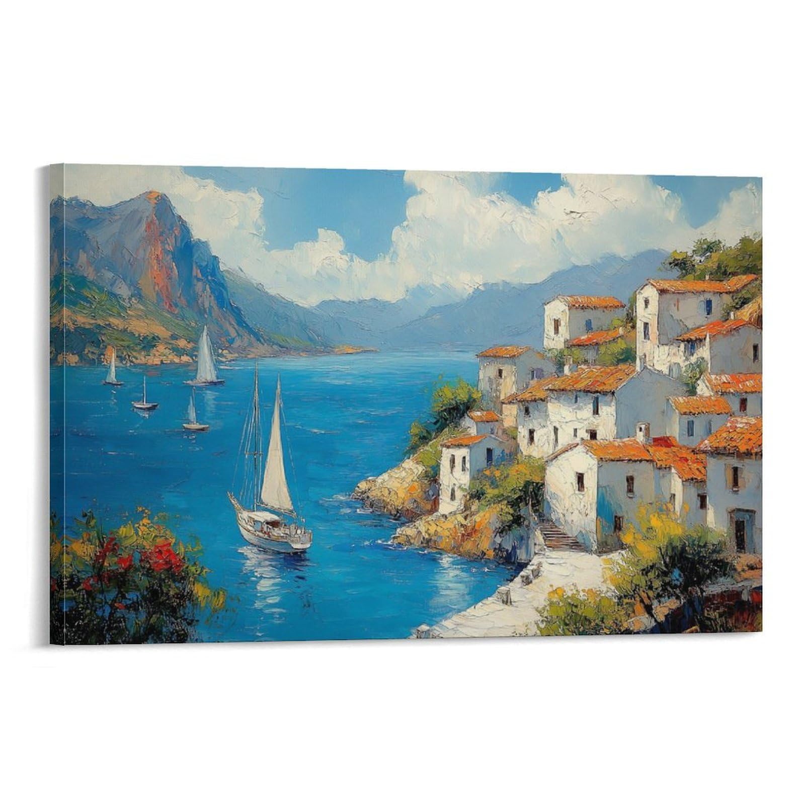 CPLVKWRQJ Coastal City Individual Mediterranean Coastal Village Canvas Wall Hanging - Office Wall Focal Art Fade Resistant Statement Piece Decor 08x12inch(20x30cm)