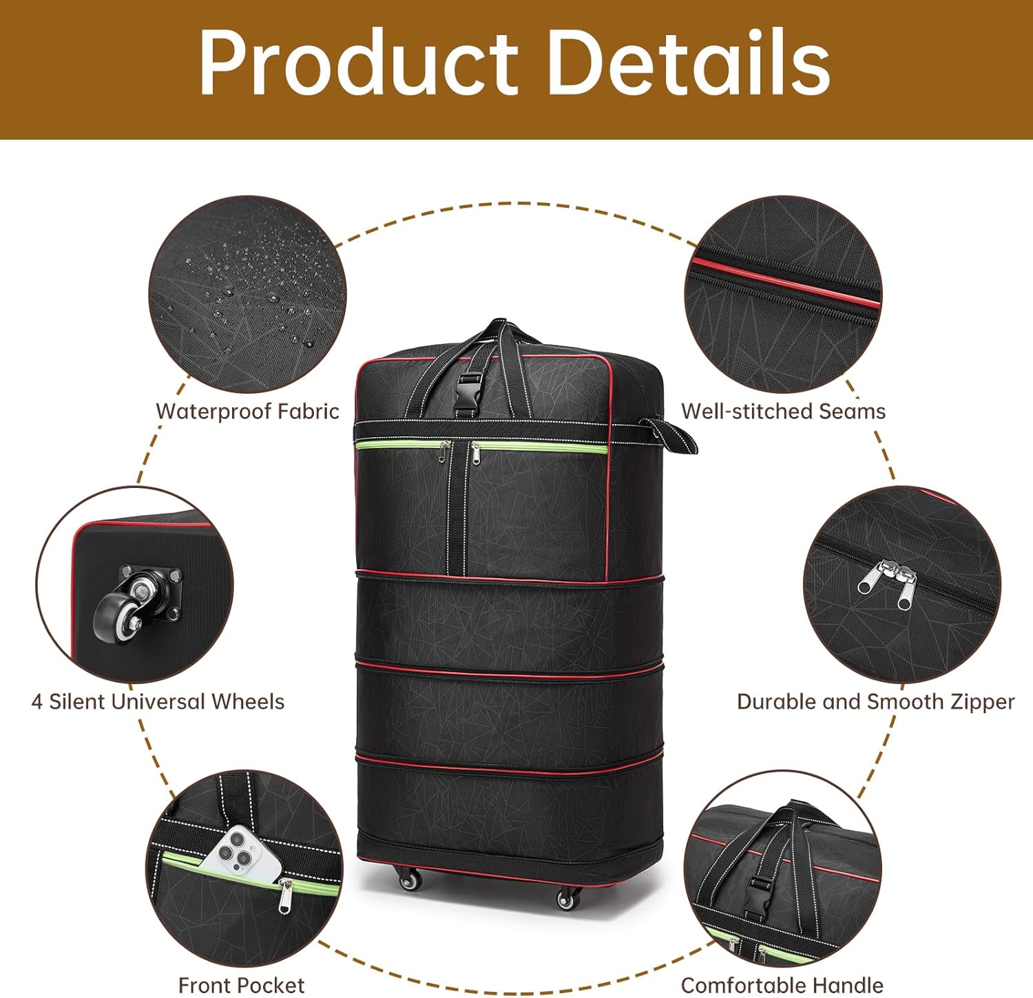 Foldable Duffel Bag,Large Expandable Rolling Travel Duffle Bag with Wheels Waterproof Collapsible Luggage Carry on Duffel Bag with Wheels and Handle, Black - Image 3