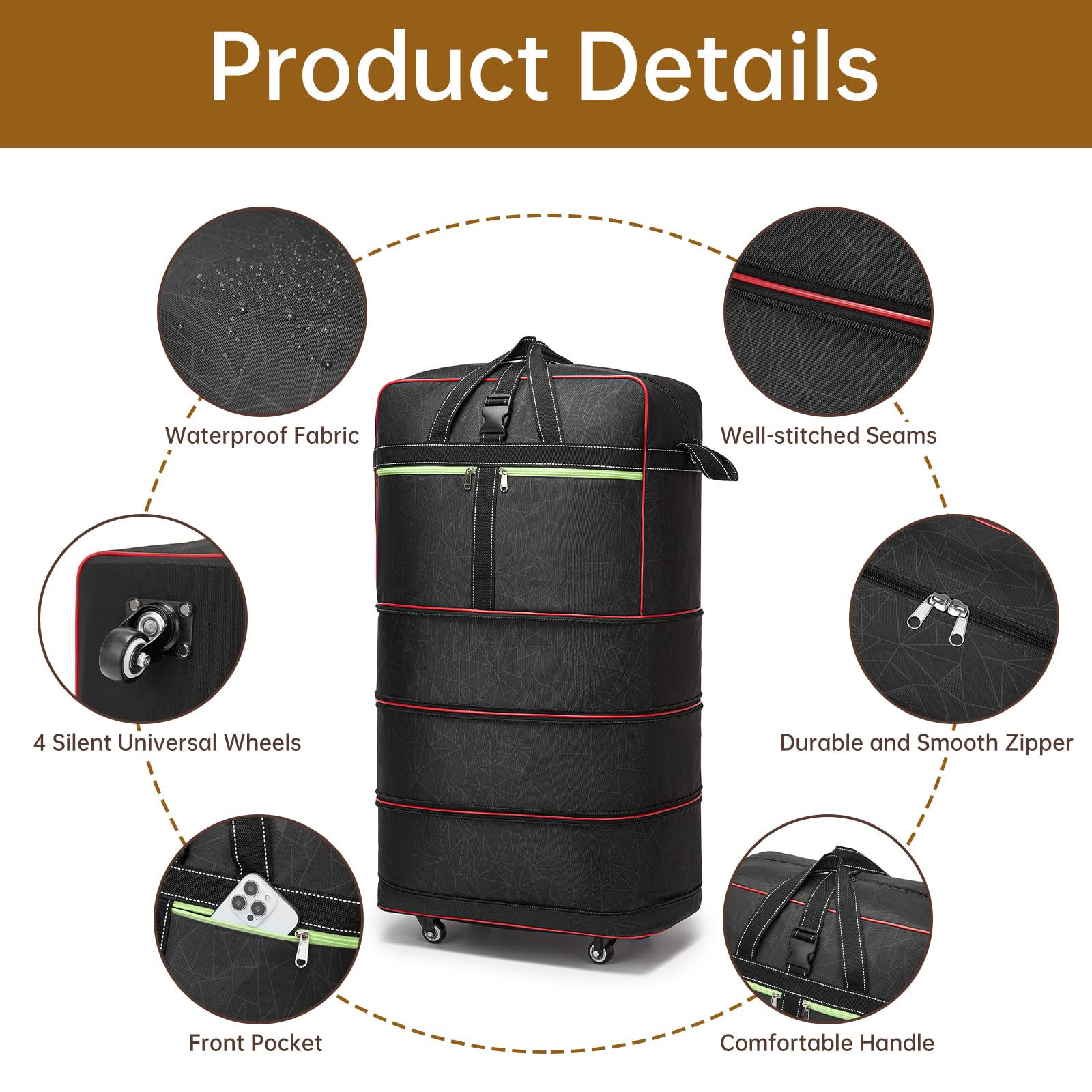 Faltbare Reisetasche, groß, erweiterbar, Roll-Reisetasche mit Rollen, wasserdicht, zusammenklappbar, Handgepäcktasche mit Rollen und Griff, Schwarz