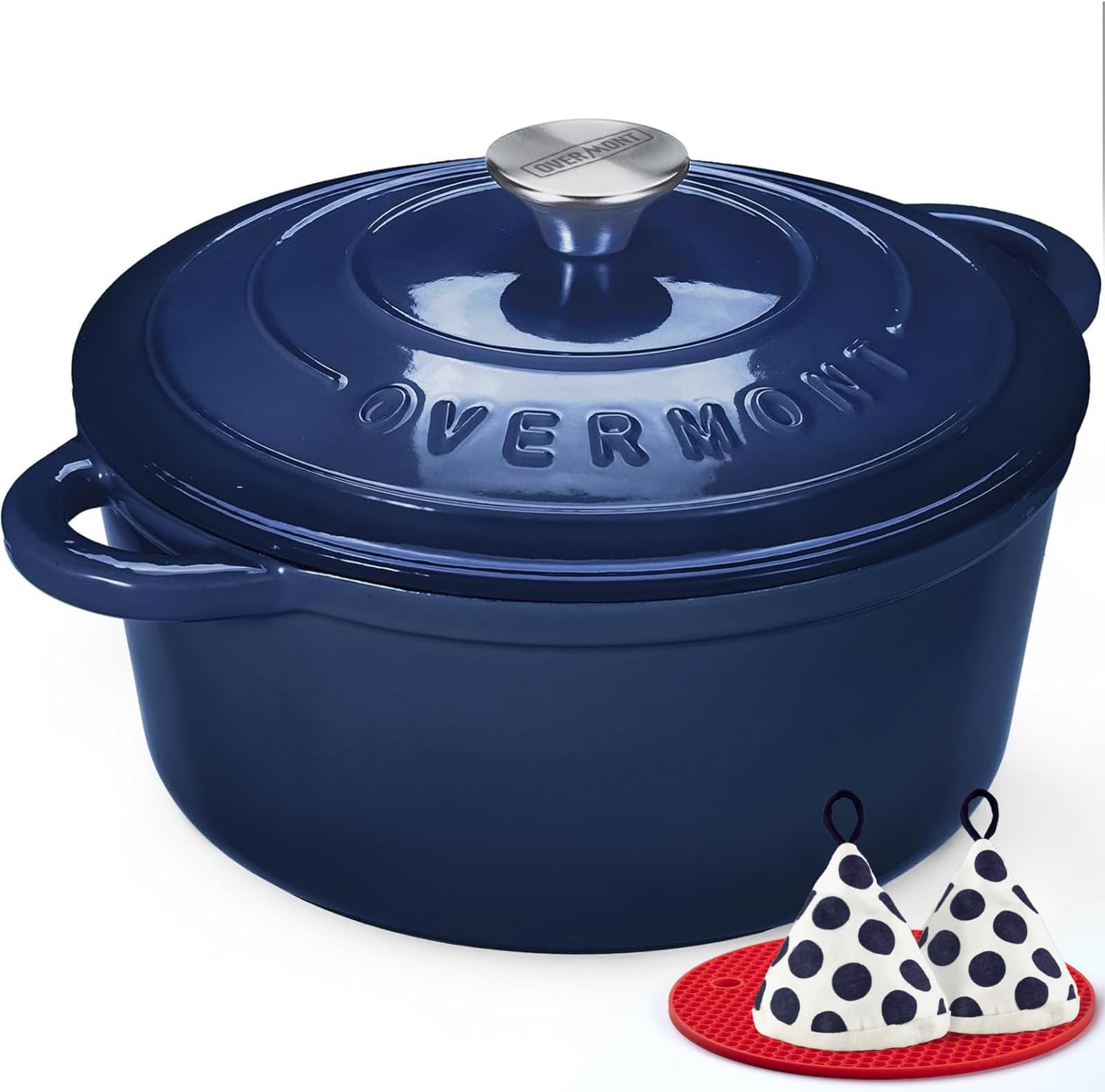 26cm/5.2L Enamelled Cast Iron Round Casserole Dish With Lid,5.5QT, Cookbook -Non-stick Dutch Oven for Braising, Stews, Roasting, Bread Baking -Indigo