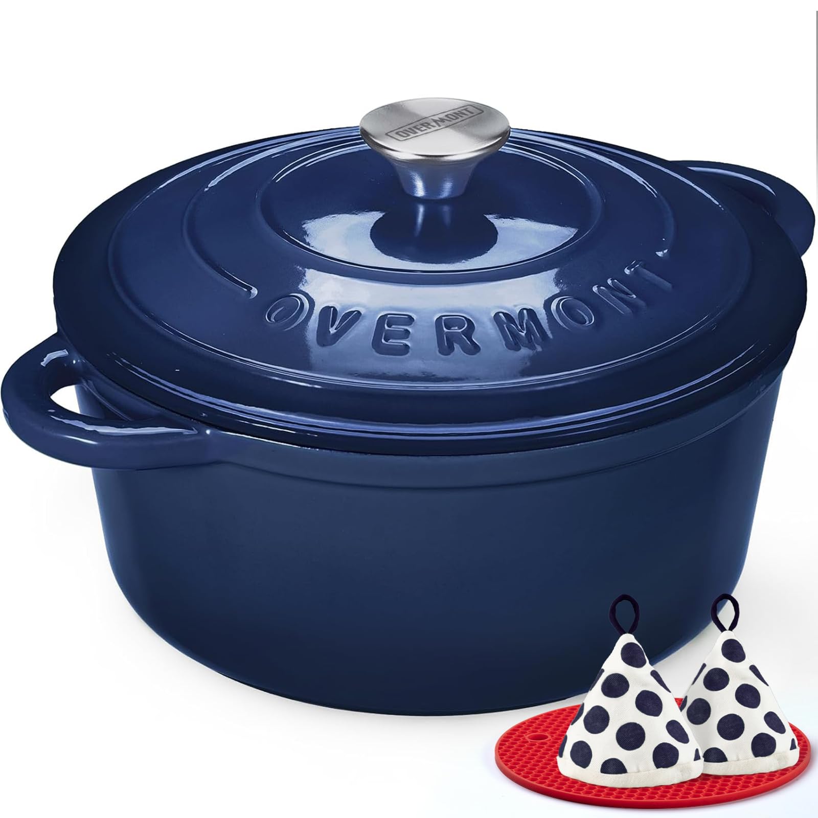Overmont Enameled Cast Iron Dutch Oven - 5.5QT Pot with Lid Cookbook & Cotton Potholders - Heavy-Duty Cookware for Braising, Stews, Roasting, Bread Baking Indigo Blue