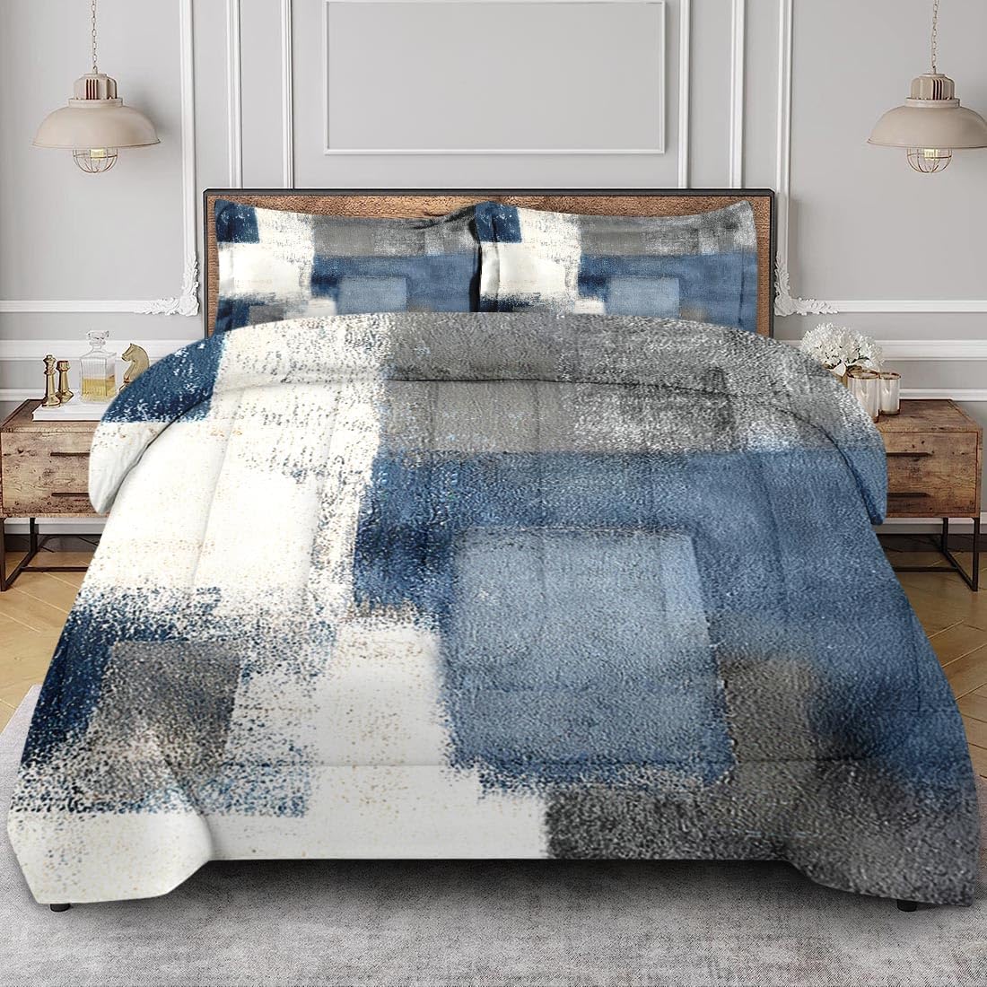 Blue Grey Painting Comforter Set Queen Size Bedding Set Abstract Gray Contemporary Includes Comforter & Pillowcase Bedding for All Seasons Kids and Adults Bedroom Bed Decor - Image 3