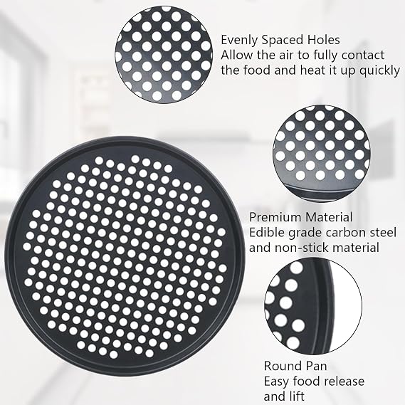 Pizza Tray, 10 Inch Perforated Pizza Pan Round Baking Plate with Holes Non Stick Carbon Steel Dough Tray for Microwave Oven​ Flatbread Family Meals Cooking Home Kitchen Restaurant (Black)