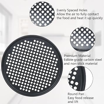 Pizza Tray, 10 Inch Perforated Pizza Pan Round Baking Plate with Holes Non Stick Carbon Steel Dough Tray for Microwave Oven Flatbread Family Meals Cooking Home Kitchen Restaurant (Black)