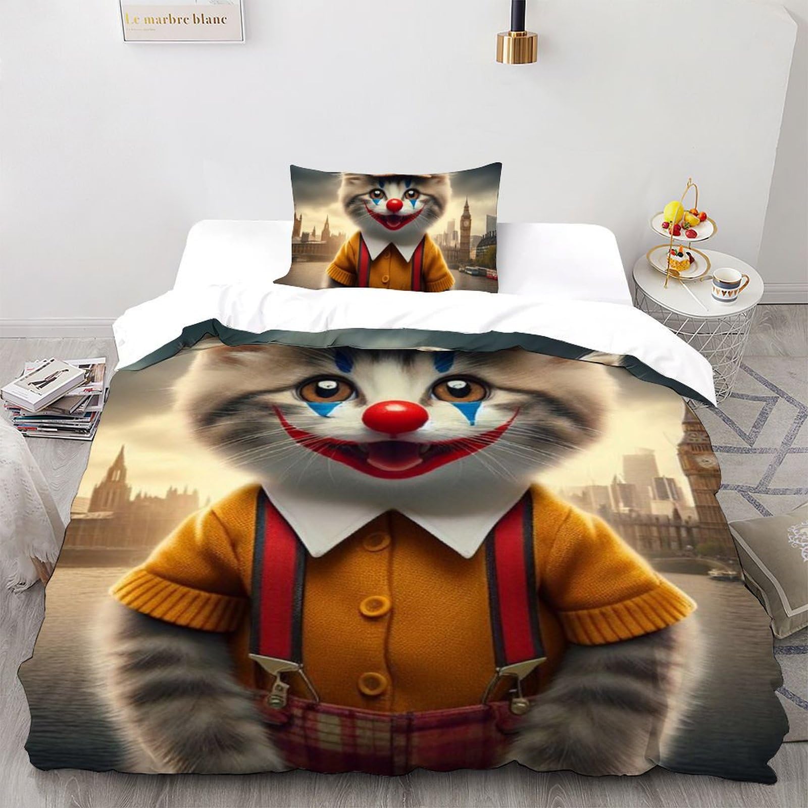 Housse de couette chat clown 135x200 literie microfibre imprimé 3D avec taie d'oreiller