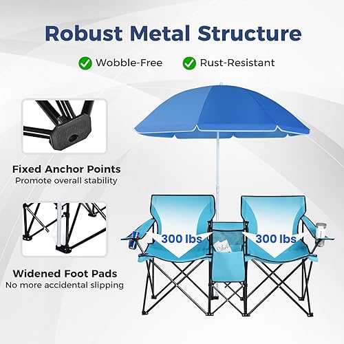 Miniatura 4 de Goplus Silla de campamento doble con paraguas, sillas plegables de dos plazas con toldo, bolsa de transporte, mesa, soporte para tazas, sillas de