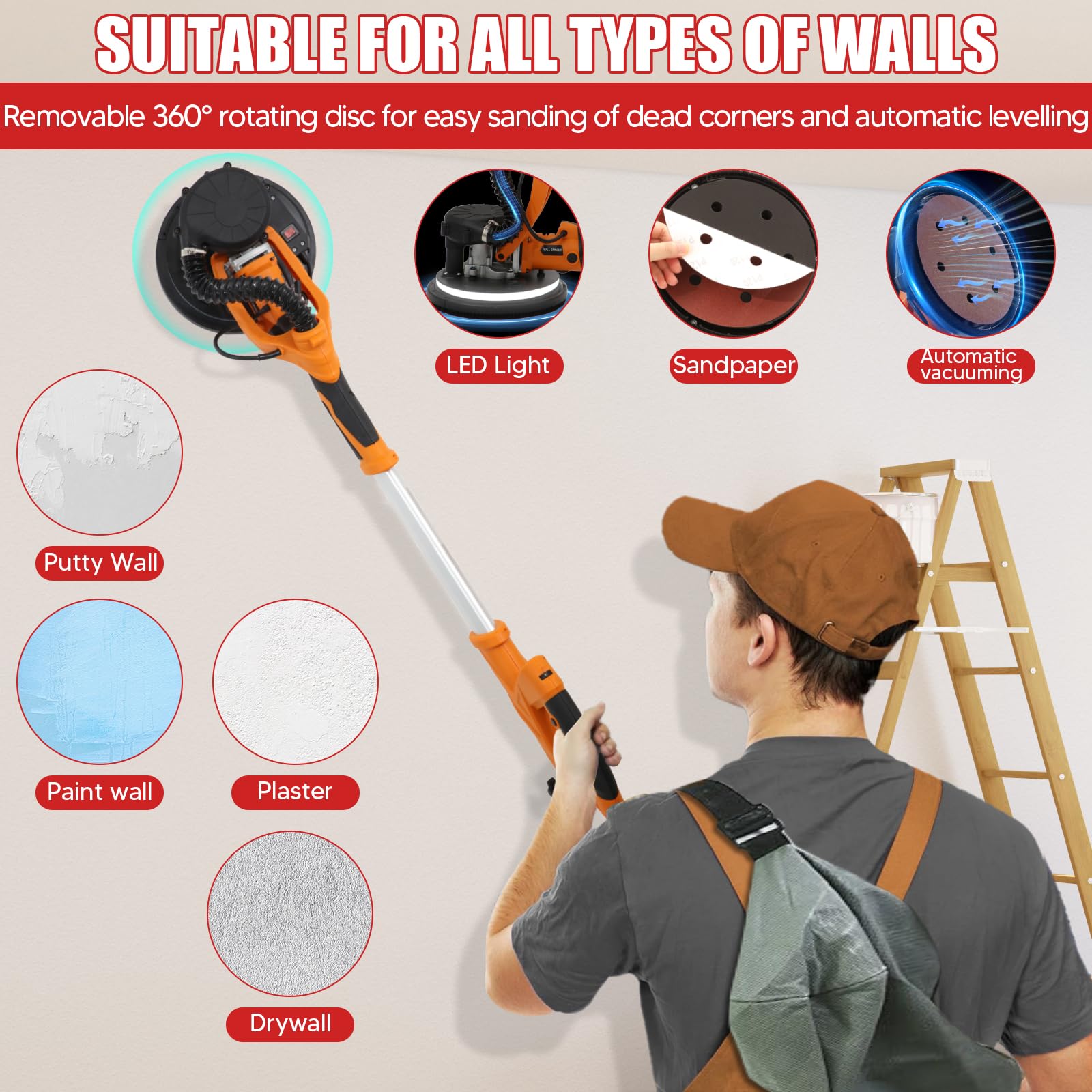 Lijadora para paneles de yeso, 1250 W, Ponceuse Mur et Plafond à 5 Vitesses Variables 800-1800 tr/min, Manche Téléscopique, Éclairage LED Intérieur gré et Sac de Collecte de Poussière Aspirant