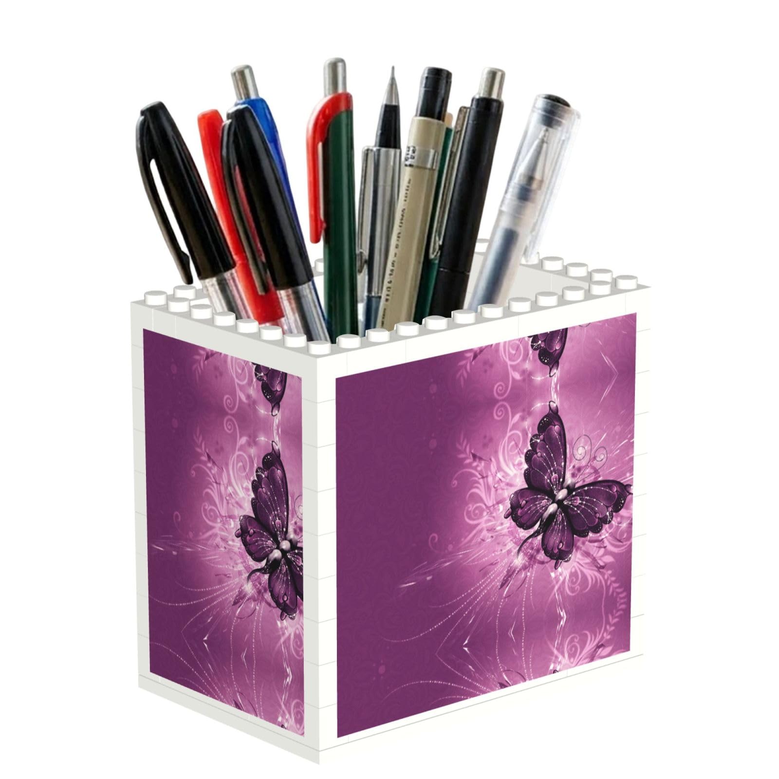 SATUSA Pink Butterfly Print Building Block Texture Pen Holder - Pencil Holder For Desk Pen Organizer,Aesthetic Desk Accessories For Women(1pcs)